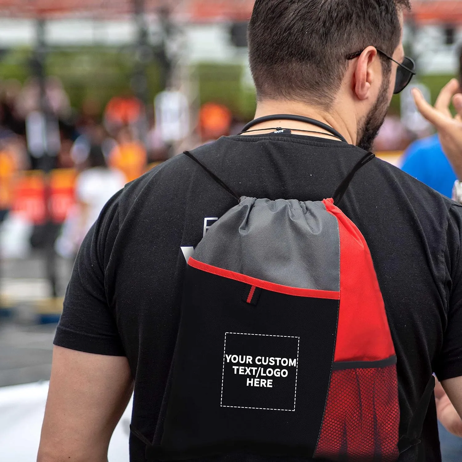 DISCOUNT PROMOS 100 Mesh Pocket Drawstring Backpacks Set - Customizable Text, Logo - Durable, Multicolor, Black Straps - Red