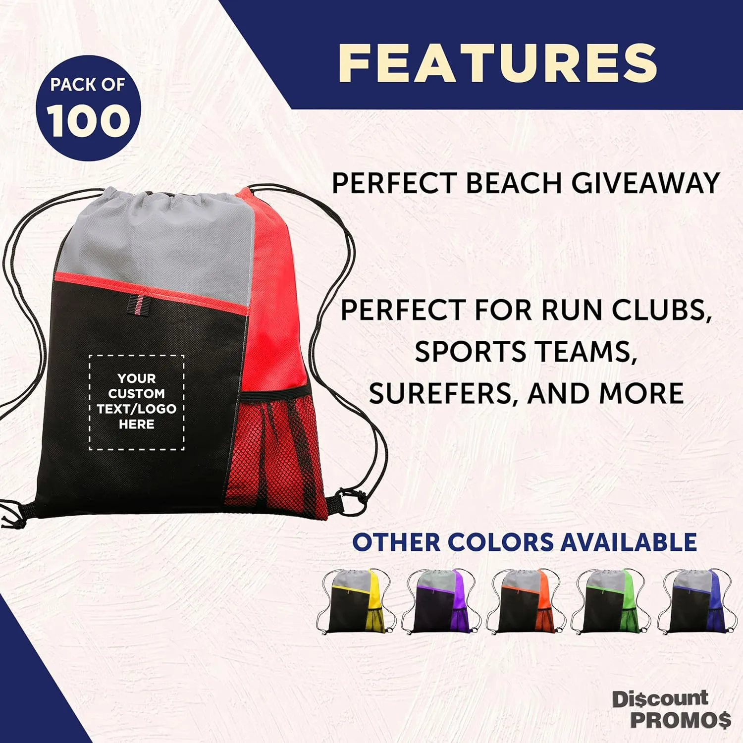 DISCOUNT PROMOS 100 Mesh Pocket Drawstring Backpacks Set - Customizable Text, Logo - Durable, Multicolor, Black Straps - Red