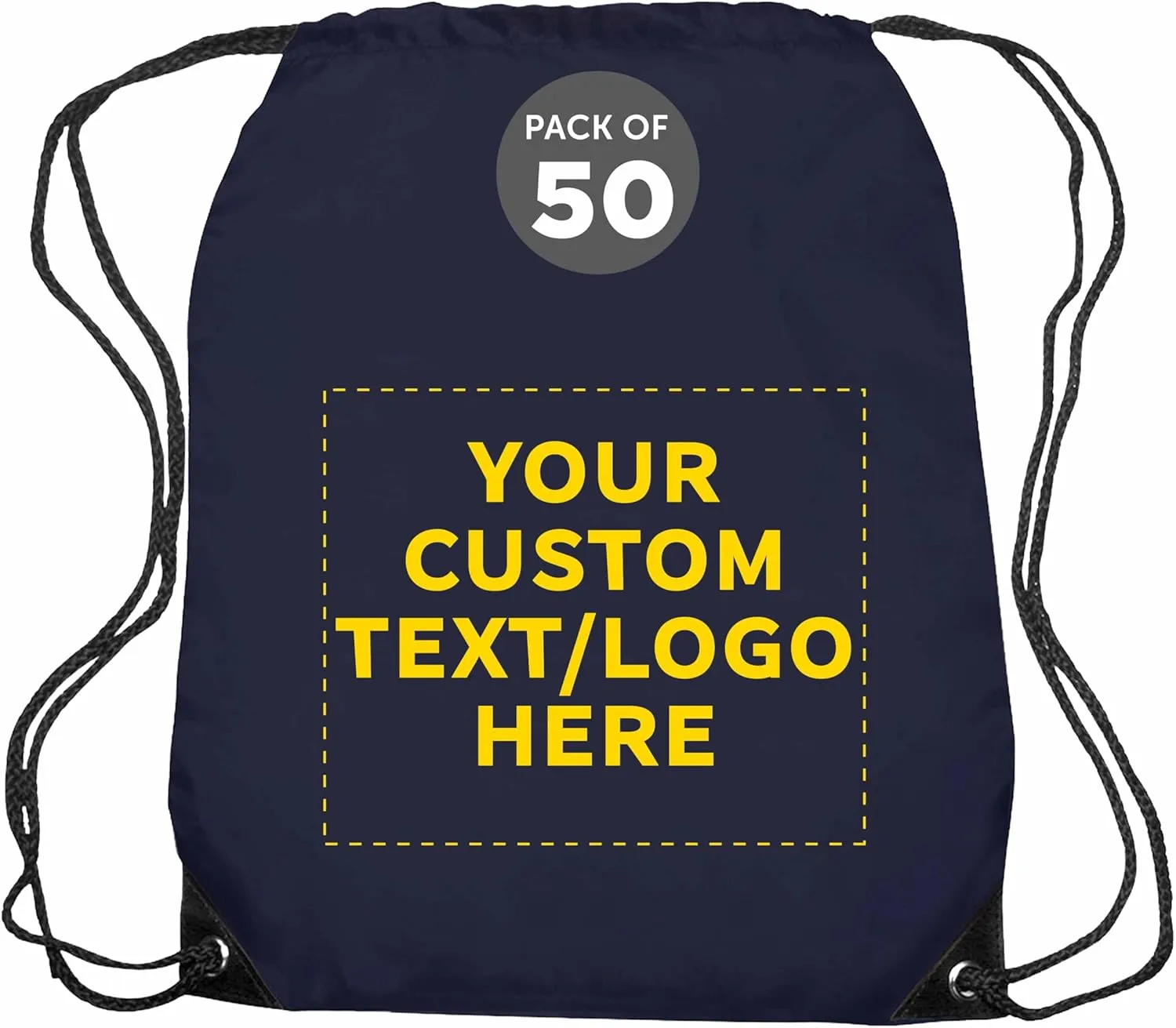 DISCOUNT PROMOS Custom Drawstring Backpack with Navy Blue Trim Set of 50, Personalized Bulk Pack - Water Resistant, Perfect for Gym, Camping, Beach, Outdoor Sports - Navy Blue