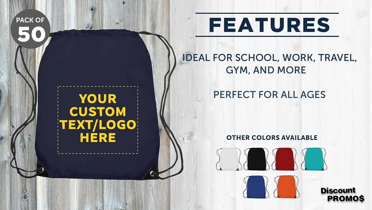 DISCOUNT PROMOS Custom Drawstring Backpack with Navy Blue Trim Set of 50, Personalized Bulk Pack - Water Resistant, Perfect for Gym, Camping, Beach, Outdoor Sports - Navy Blue
