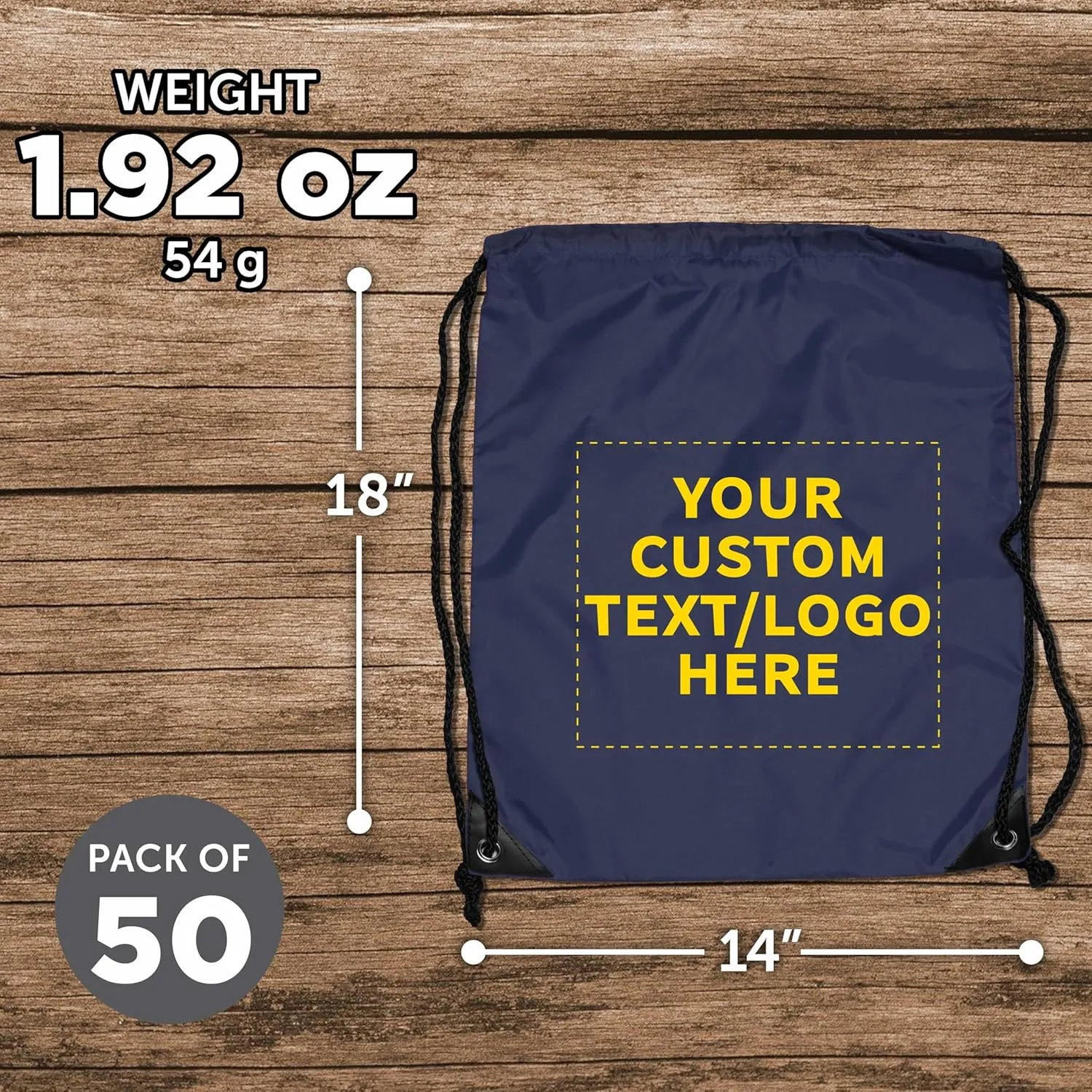 DISCOUNT PROMOS Custom Drawstring Backpack with Navy Blue Trim Set of 50, Personalized Bulk Pack - Water Resistant, Perfect for Gym, Camping, Beach, Outdoor Sports - Navy Blue