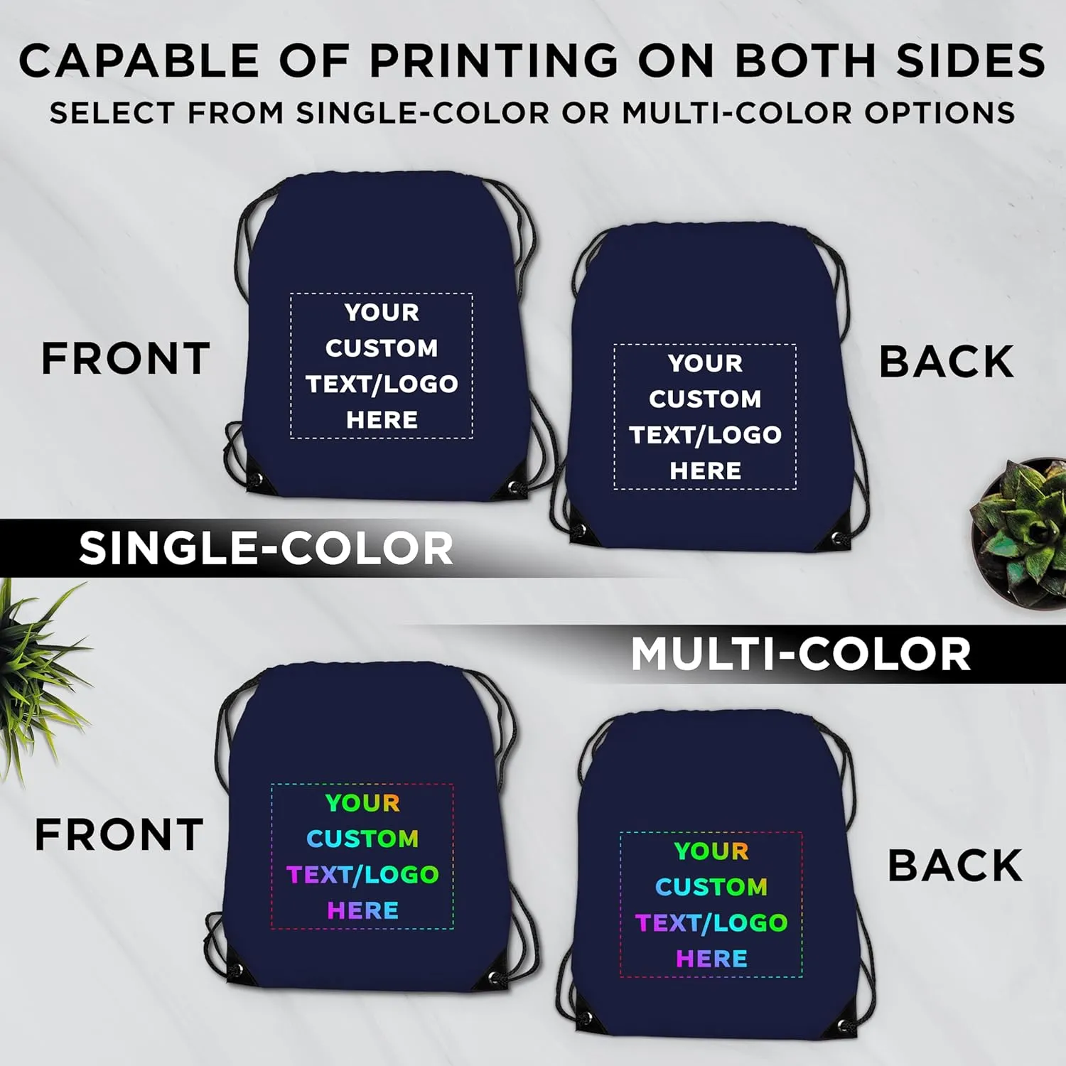 DISCOUNT PROMOS Custom Drawstring Backpack with Navy Blue Trim Set of 50, Personalized Bulk Pack - Water Resistant, Perfect for Gym, Camping, Beach, Outdoor Sports - Navy Blue