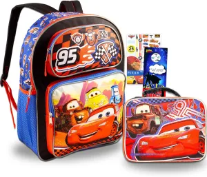 Disney Cars Backpack with Lunch Box Set - Bundle with 16” Lightning McQueen Backpack, Cars Lunch Bag, Tattoos, More | Disney Cars School Supplies