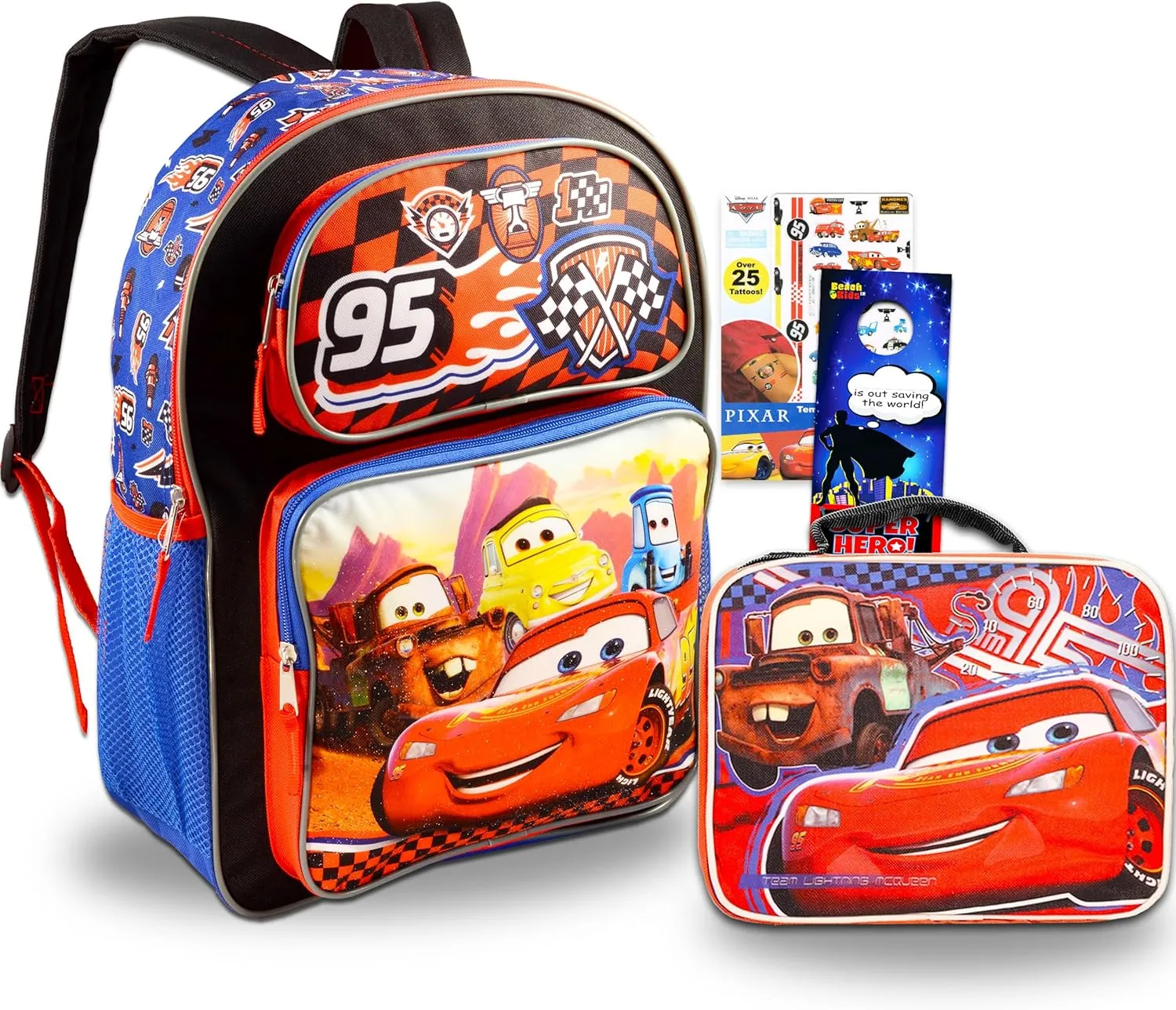 Disney Cars Backpack with Lunch Box Set - Bundle with 16” Lightning McQueen Backpack, Cars Lunch Bag, Tattoos, More | Disney Cars School Supplies