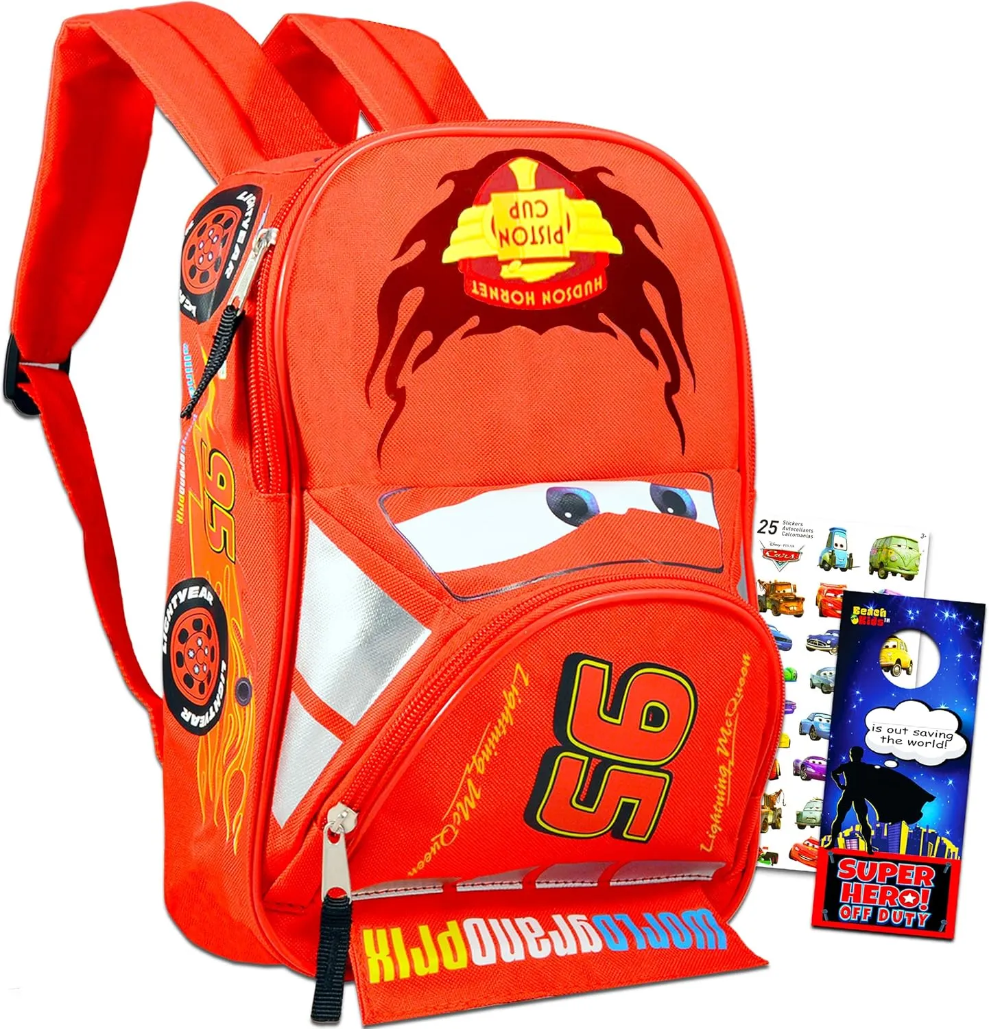 Disney Cars Lightning McQueen Backpack for Kids Bundle ~ Deluxe 16" Cars Backpack with Stickers (Disney Cars School Supplies)