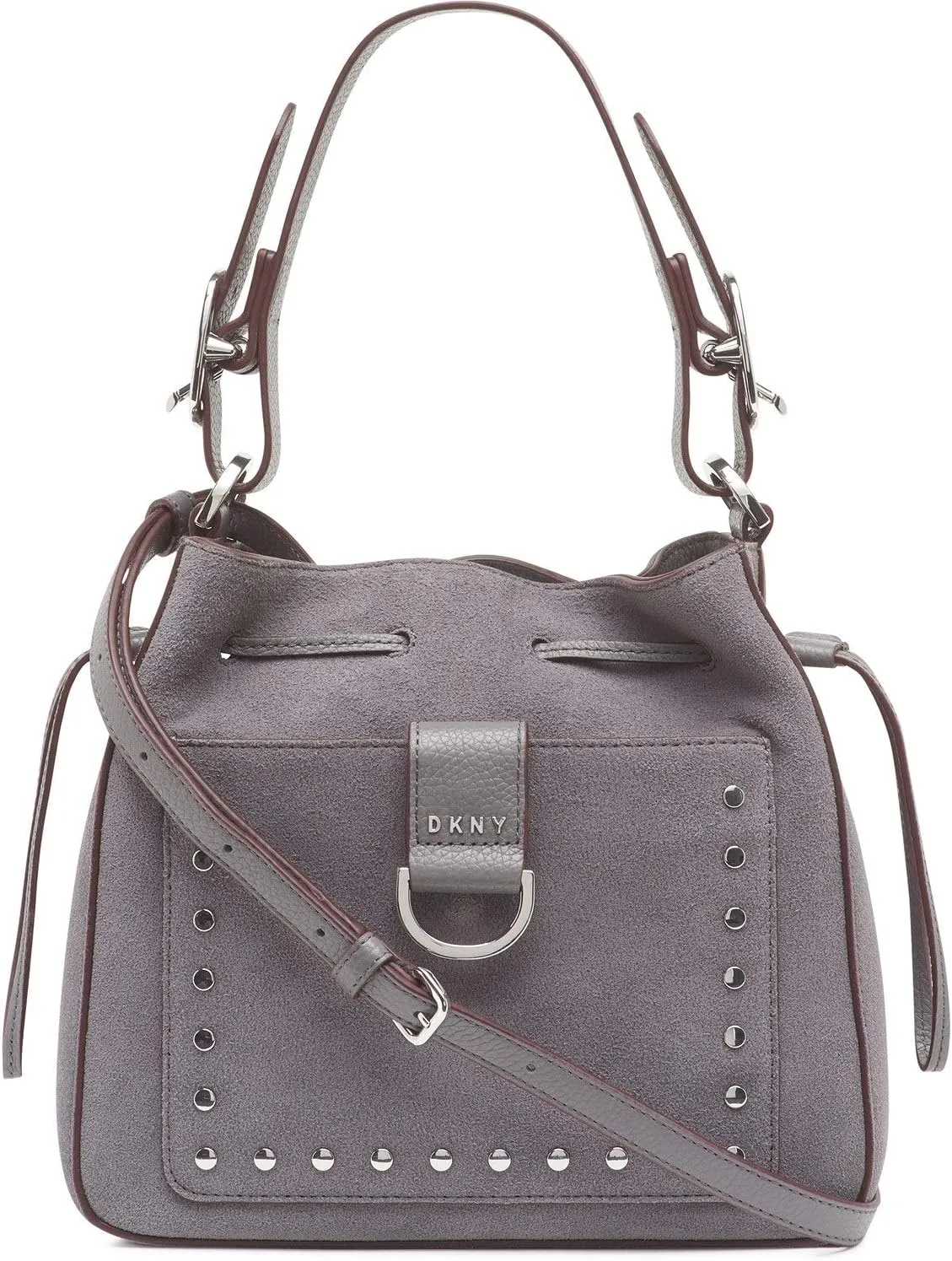 DKNY Women's Wayne Suede Leather Drawstring Bucket Shoulder Bag - Light Charcoal (Gray)