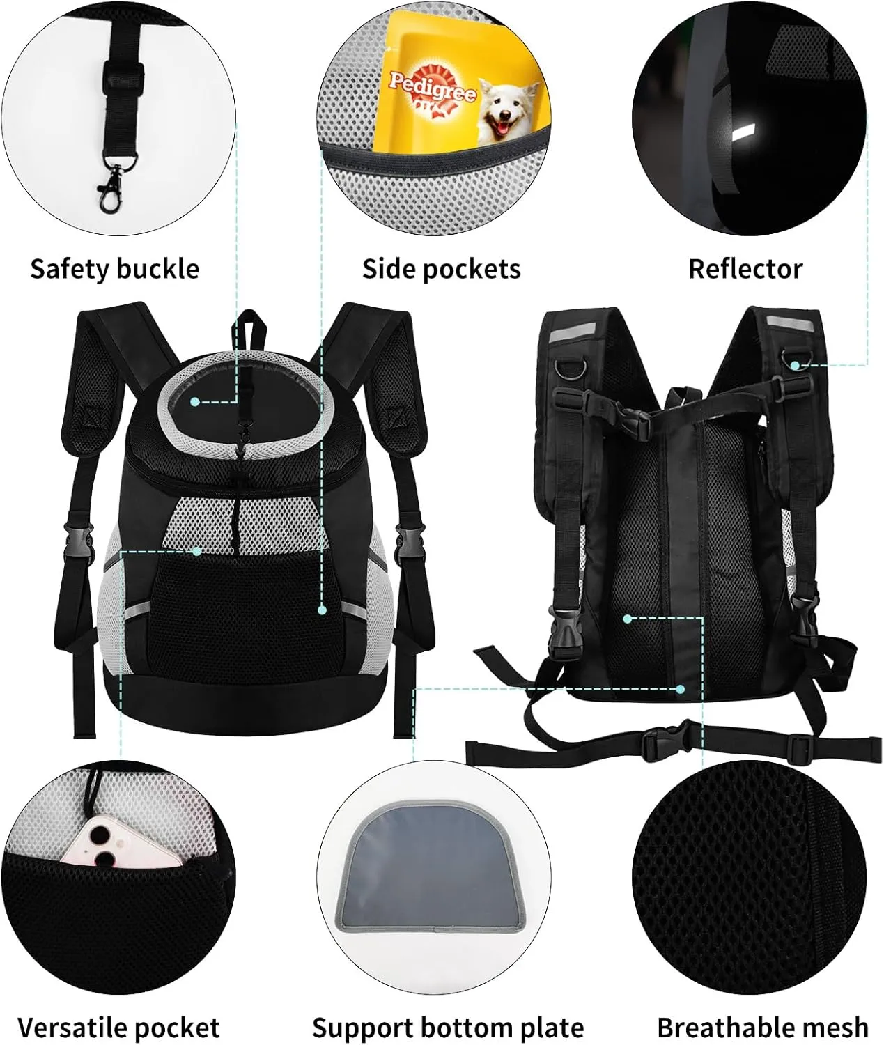 Dog Backpack Carrier, Front Chest Carrier for Small Dogs, Pet Carrying Bag for Travel Hiking Cycling Outdoor Black M(7-13 lbs)