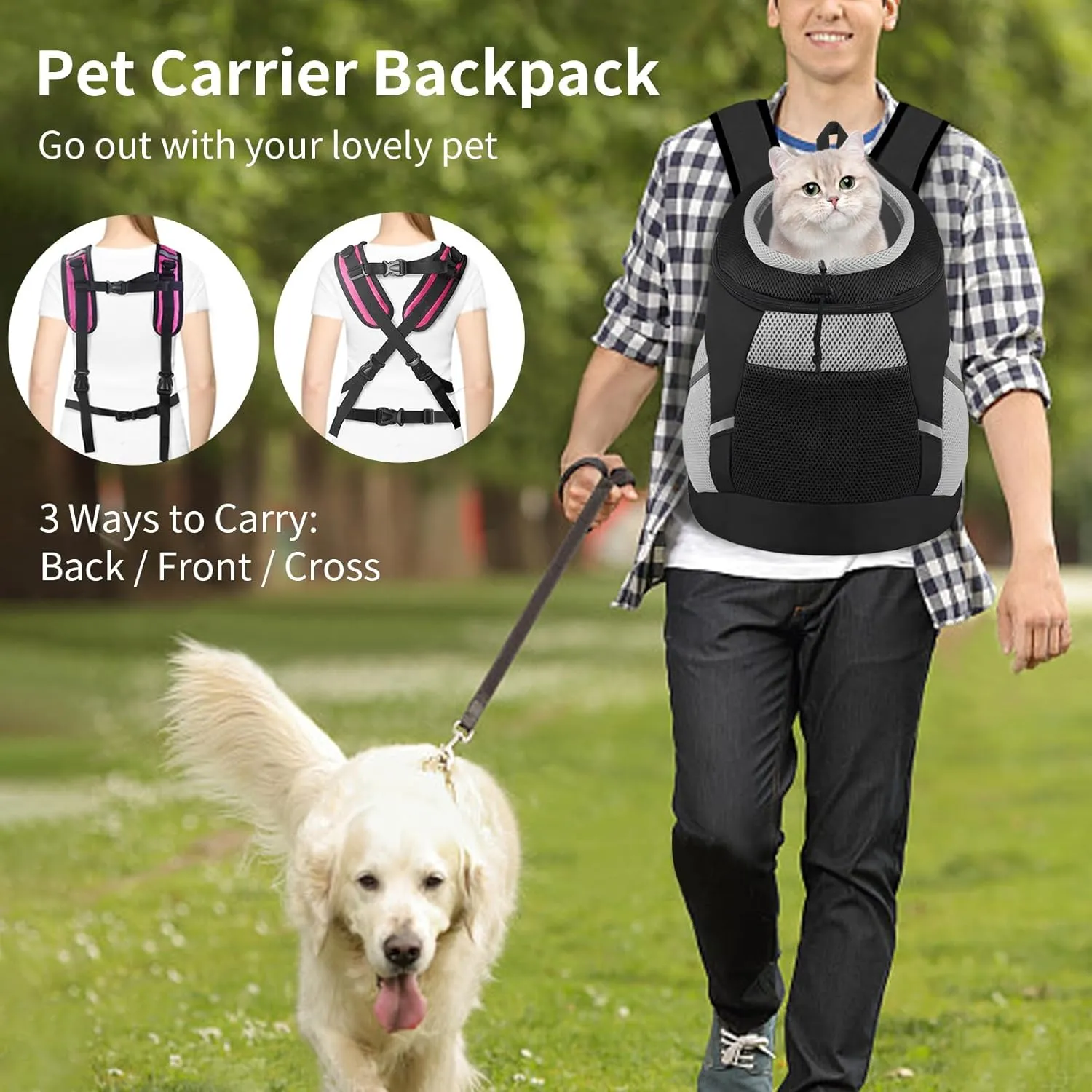 Dog Backpack Carrier, Front Chest Carrier for Small Dogs, Pet Carrying Bag for Travel Hiking Cycling Outdoor Black M(7-13 lbs)