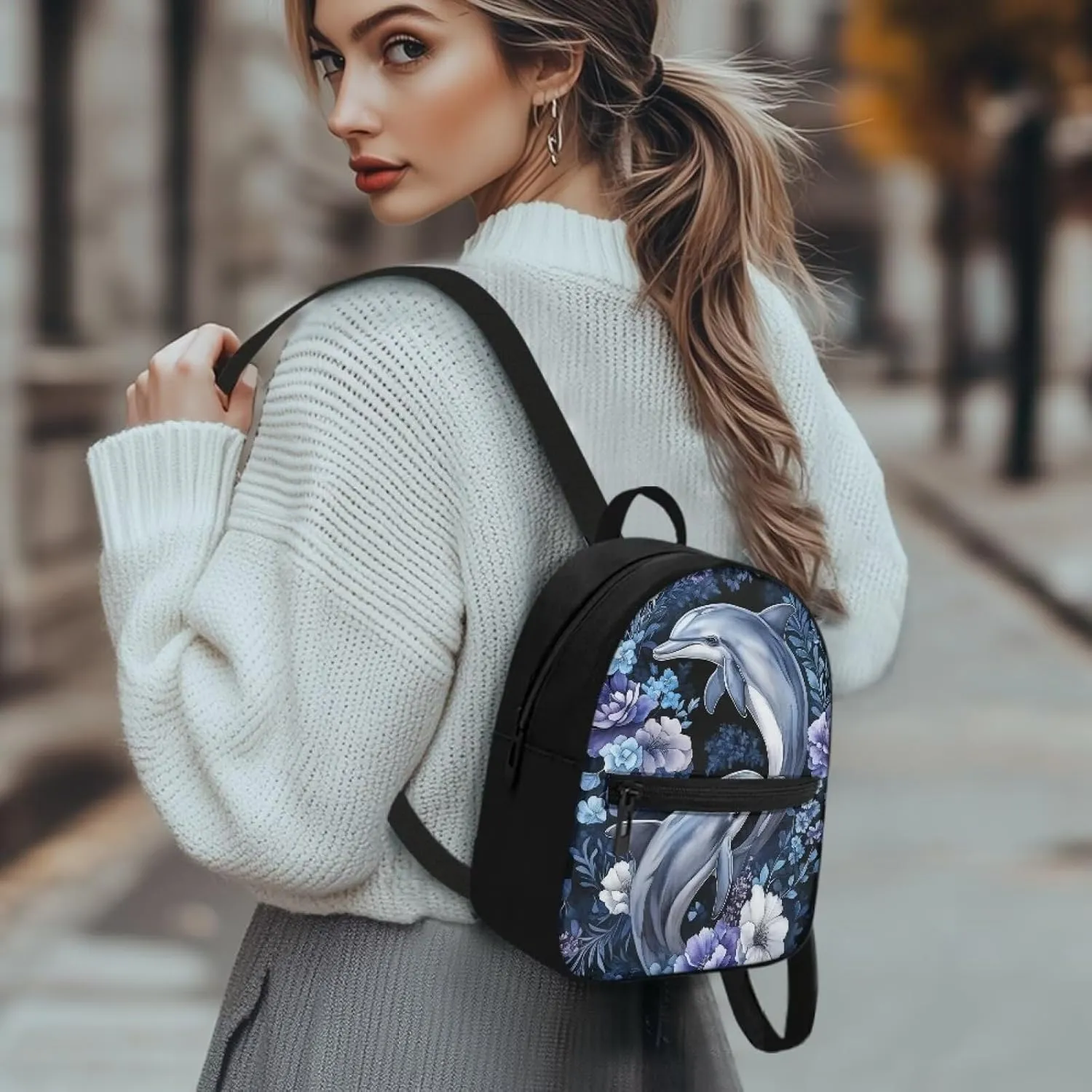 Dolphin Mini Backpack for Women Small Backpack Purse Lightweight Canvas Travel Daypack with Pocket Casual Fashion Bag for Work Outings