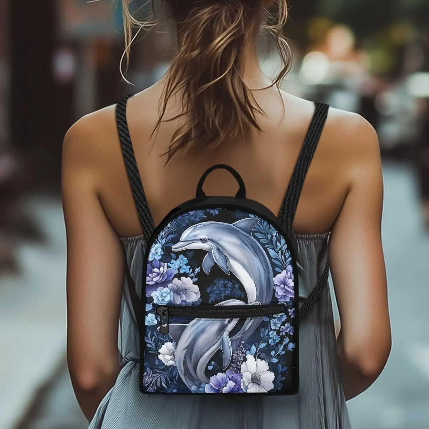 Dolphin Mini Backpack for Women Small Backpack Purse Lightweight Canvas Travel Daypack with Pocket Casual Fashion Bag for Work Outings