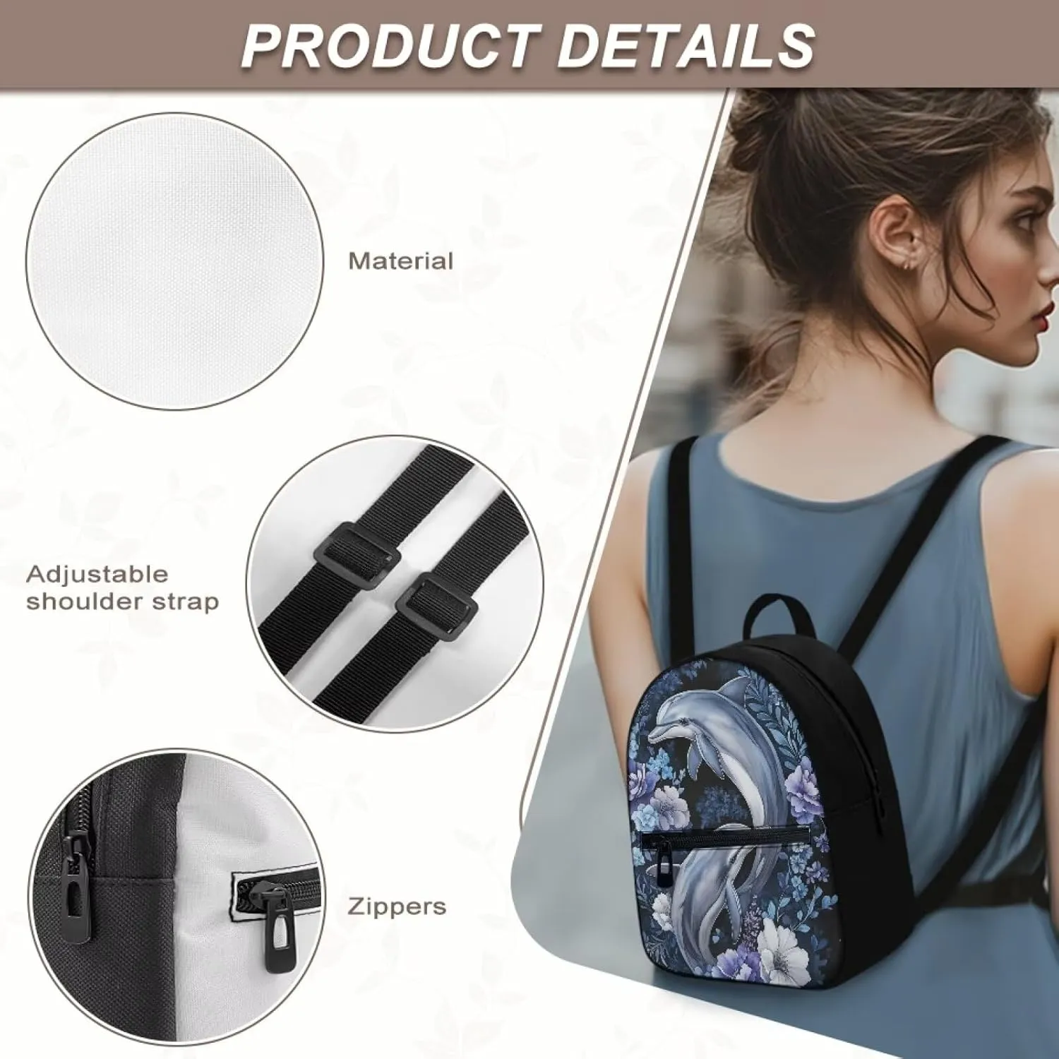 Dolphin Mini Backpack for Women Small Backpack Purse Lightweight Canvas Travel Daypack with Pocket Casual Fashion Bag for Work Outings
