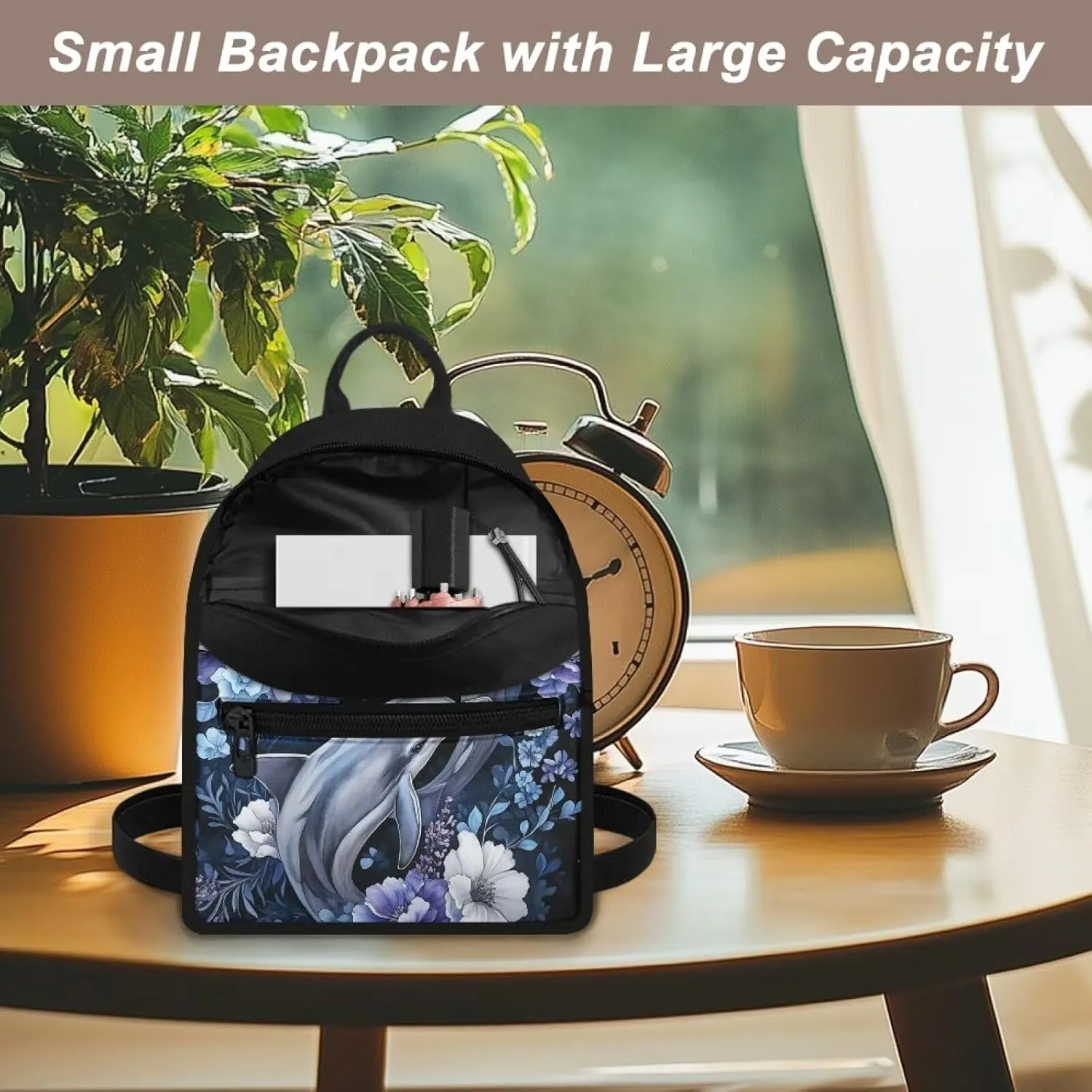 Dolphin Mini Backpack for Women Small Backpack Purse Lightweight Canvas Travel Daypack with Pocket Casual Fashion Bag for Work Outings