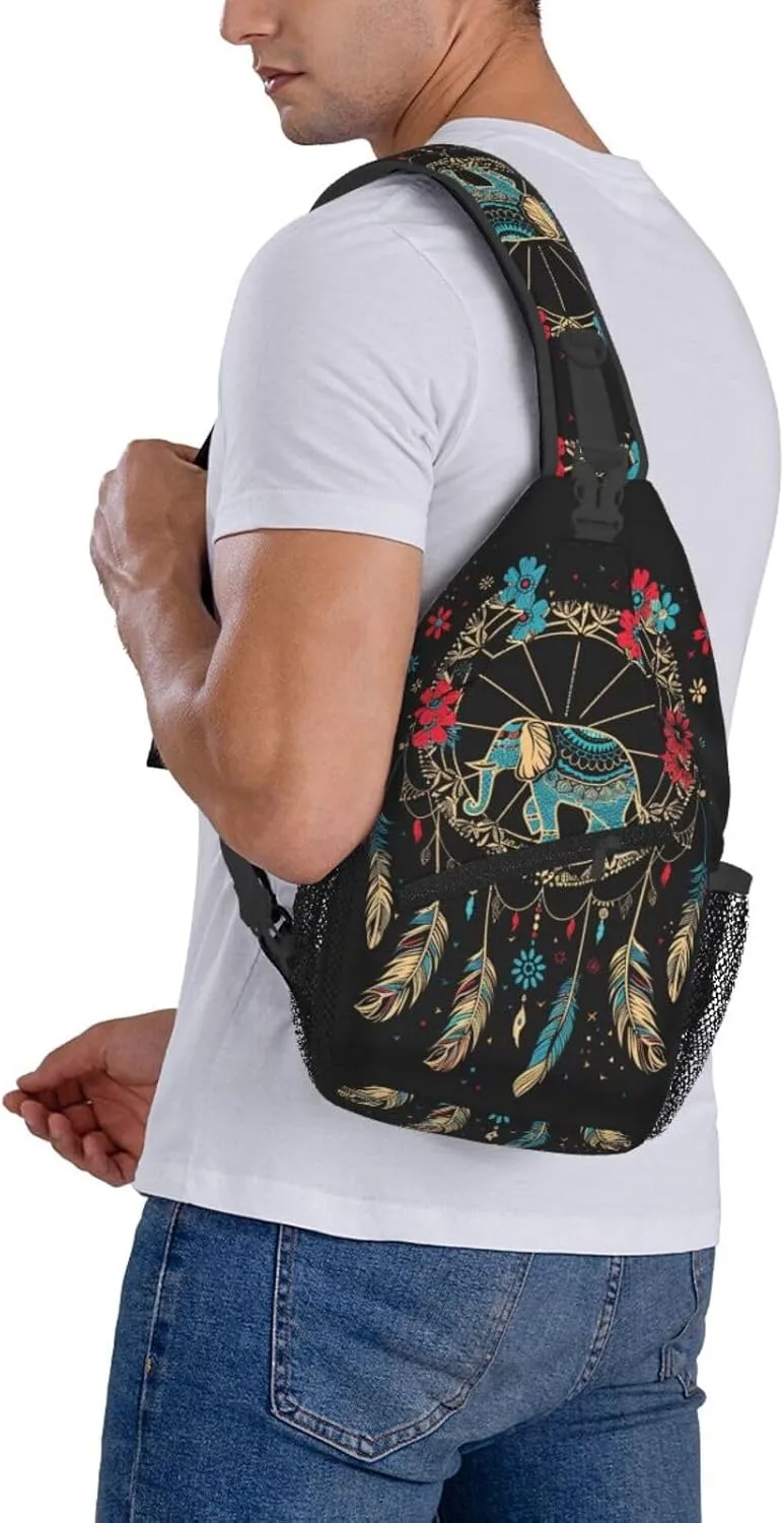 Dream Catcher With Elephant Sling Backpack Chest Bag Crossbody Shoulder Bag Gym Cycling Travel Hiking Daypack For Men Women