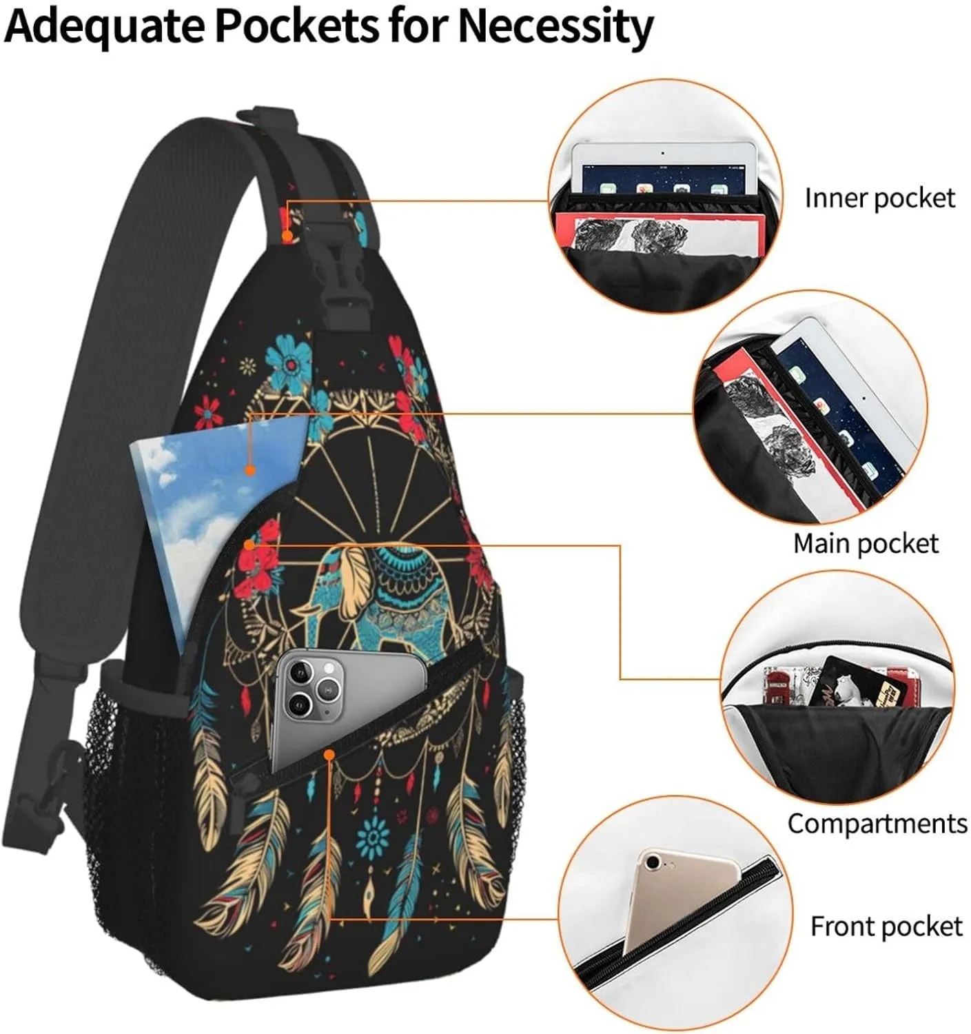 Dream Catcher With Elephant Sling Backpack Chest Bag Crossbody Shoulder Bag Gym Cycling Travel Hiking Daypack For Men Women