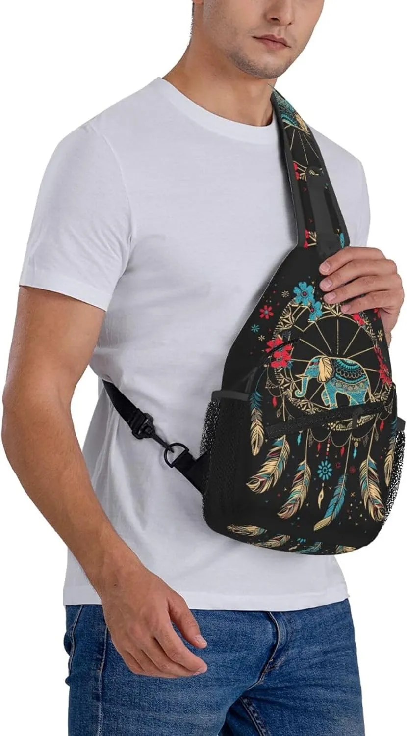 Dream Catcher With Elephant Sling Backpack Chest Bag Crossbody Shoulder Bag Gym Cycling Travel Hiking Daypack For Men Women