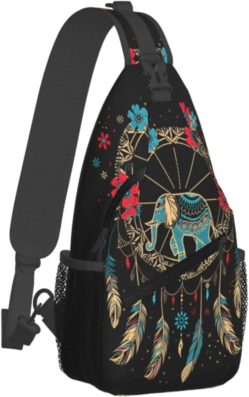 Dream Catcher With Elephant Sling Backpack Chest Bag Crossbody Shoulder Bag Gym Cycling Travel Hiking Daypack For Men Women