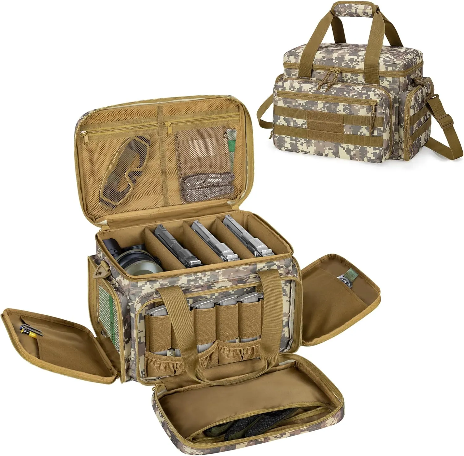 DSLEAF Tactical Gun Range Bag for 4 Handguns, Pistol Shooting Range Bag with 6X Magazine Slots and Extra Pockets for Ammo and Essentials