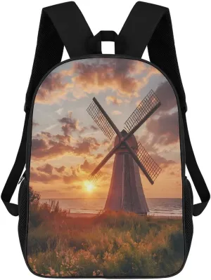 Dutch Windmill Sunset Travel Backpack 17 Inch Laptop Bag Carry On Backpack Casual Daypack for Weekender Business Hiking