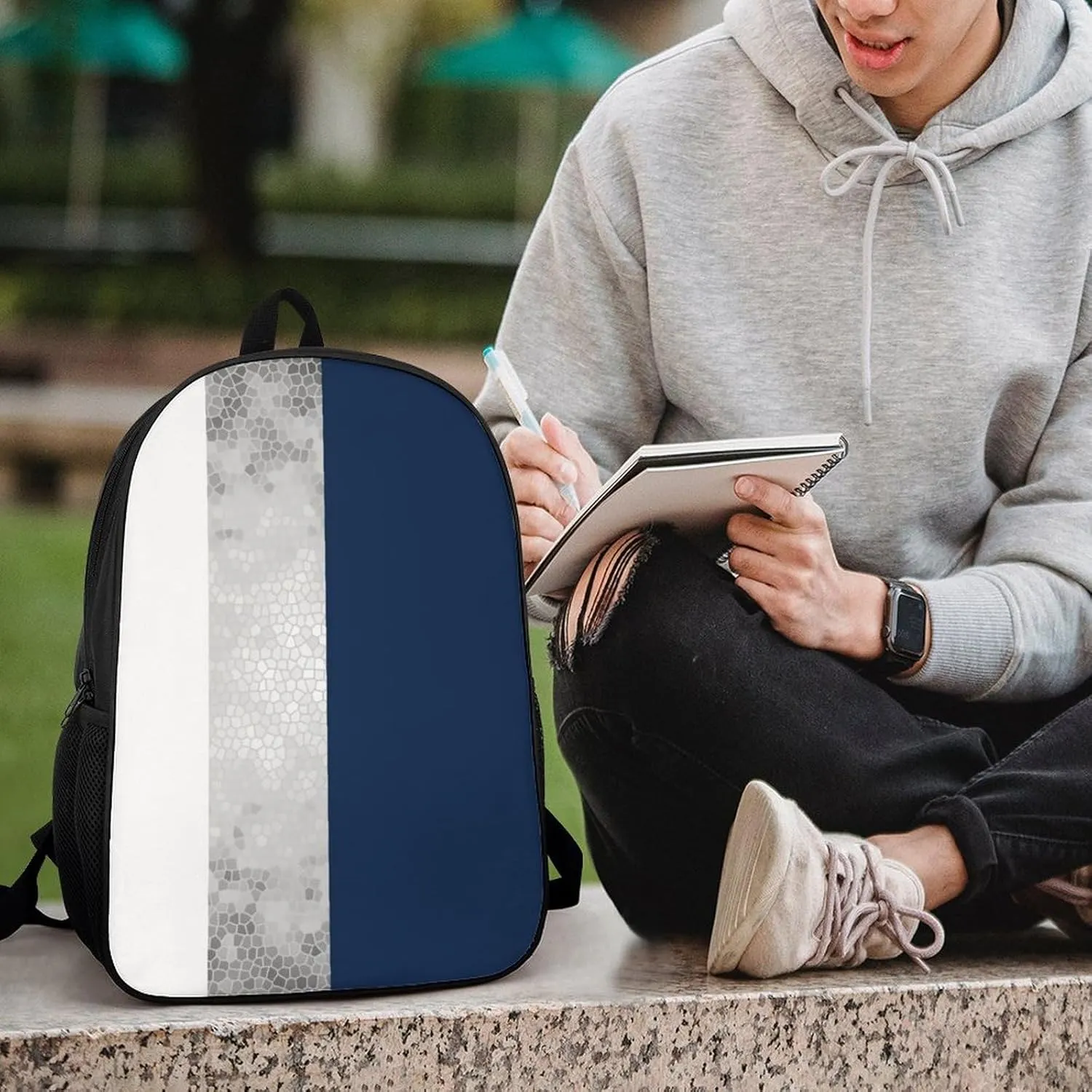 Elegant Faux Silver Navy Blue White Stripes Backpack Lightweight Waterproof Backpacks Laptop Backpack for Unisex Casual Travel Daypacks Large Capacity