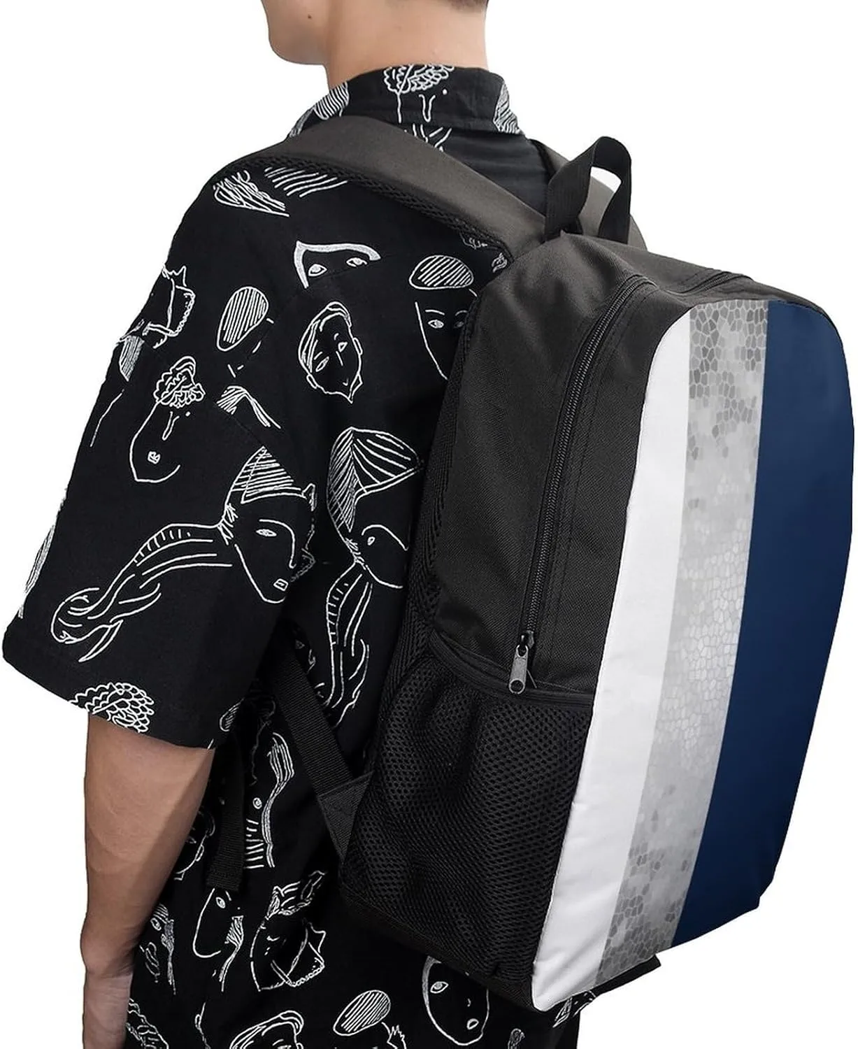 Elegant Faux Silver Navy Blue White Stripes Backpack Lightweight Waterproof Backpacks Laptop Backpack for Unisex Casual Travel Daypacks Large Capacity