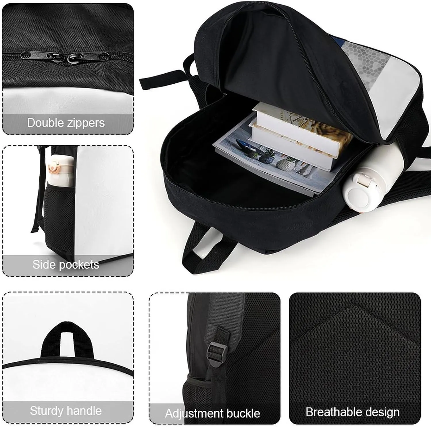 Elegant Faux Silver Navy Blue White Stripes Backpack Lightweight Waterproof Backpacks Laptop Backpack for Unisex Casual Travel Daypacks Large Capacity