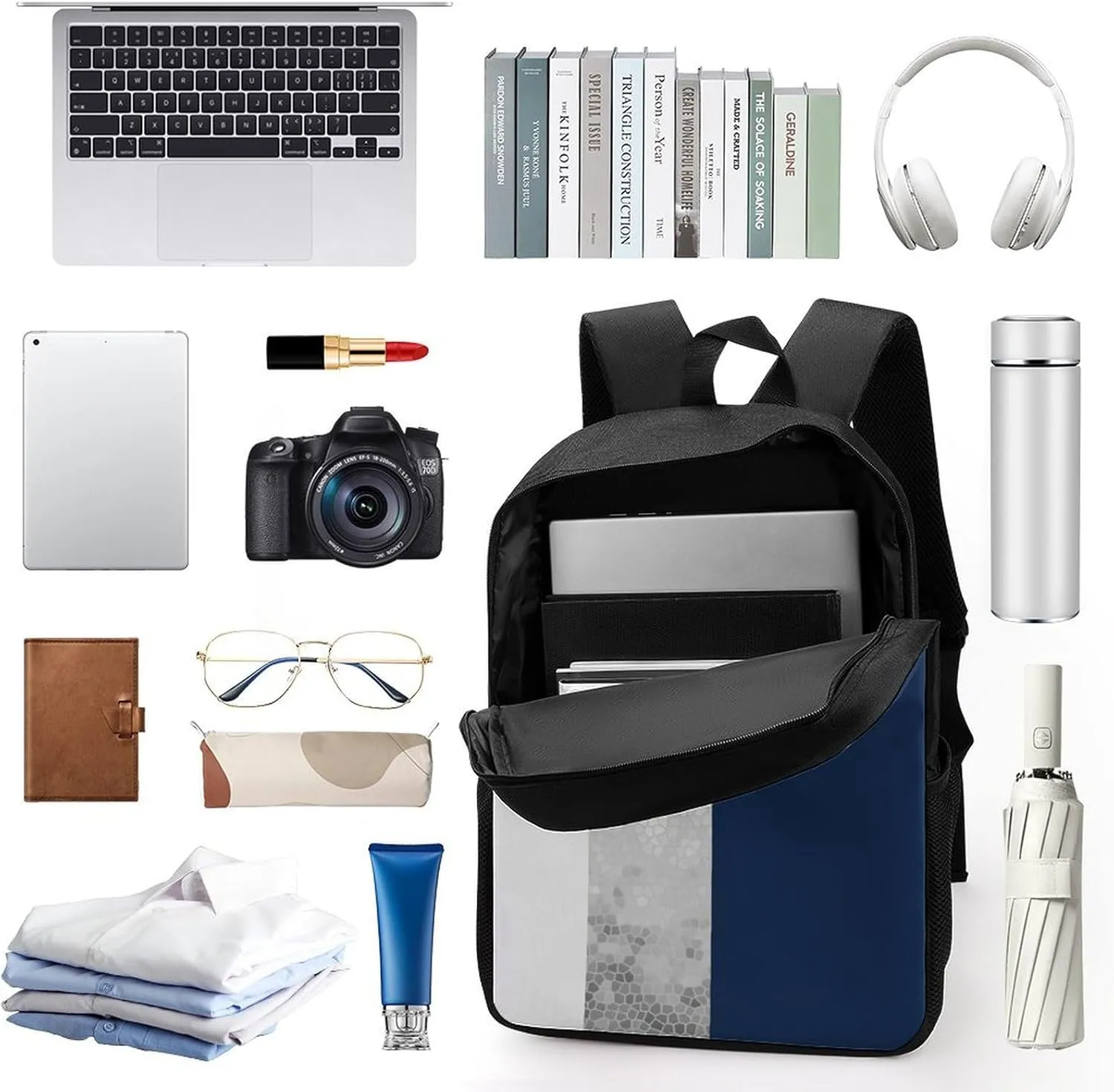 Elegant Faux Silver Navy Blue White Stripes Backpack Lightweight Waterproof Backpacks Laptop Backpack for Unisex Casual Travel Daypacks Large Capacity