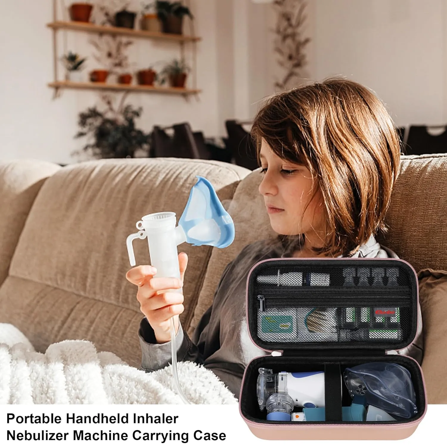 Elonbo Carrying Case for Portable Handheld Inhaler Nebulizer Machine for Adults and Kids, Asthma Inhaler Travel Case, Handheld Mesh Atomizer Machine Holder, Inhaler Spacer Bag, Rose Gold