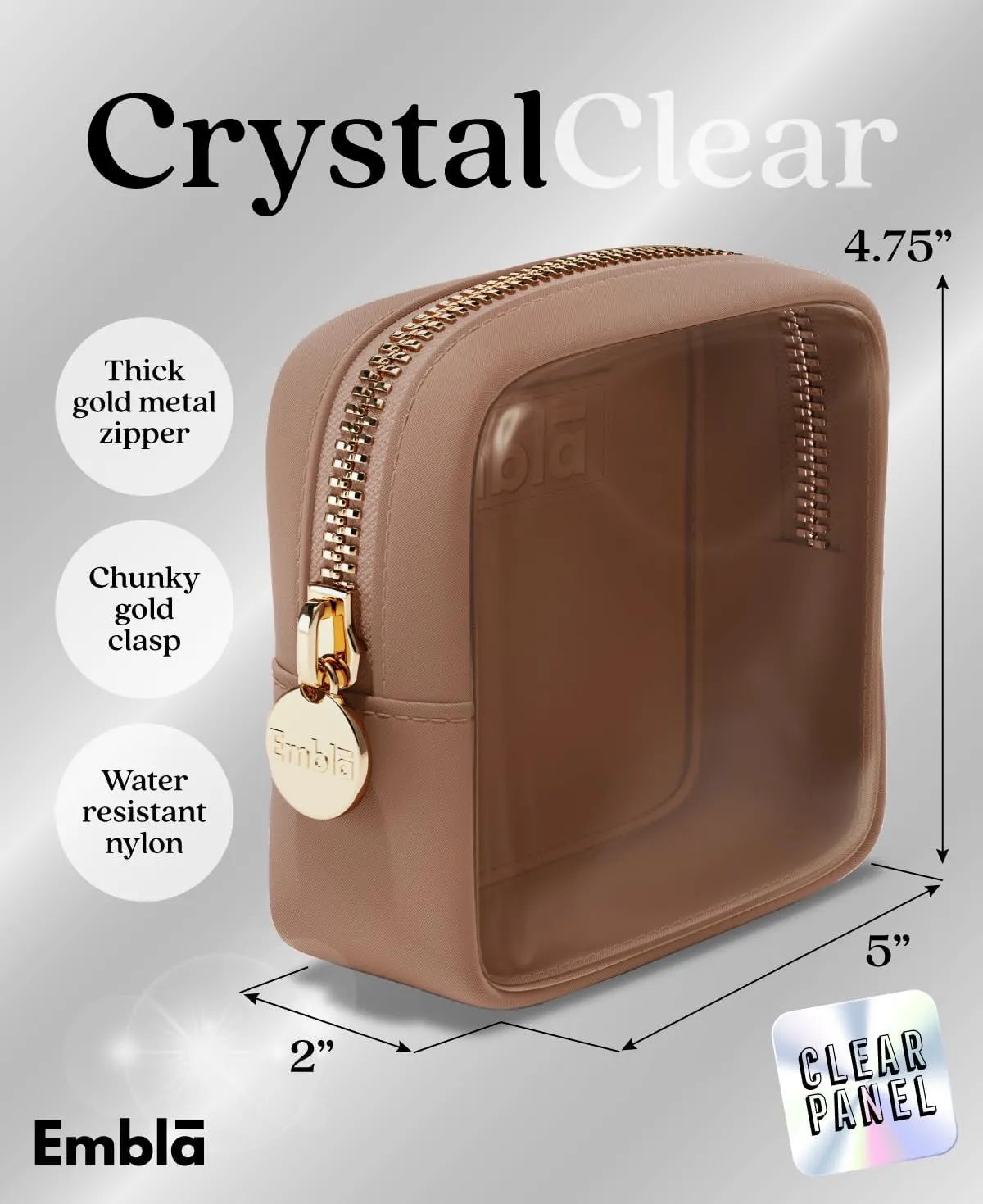Embla Clear Cosmetic Bag Makeup Case, Clear Zipper Make Up Pouch and Toiletry Travel Tote, Cute Skincare Pouches for Women Girls, Preppy Purse Cosmetic Organizer, Mini Makeup Bags, Mocha Mousse