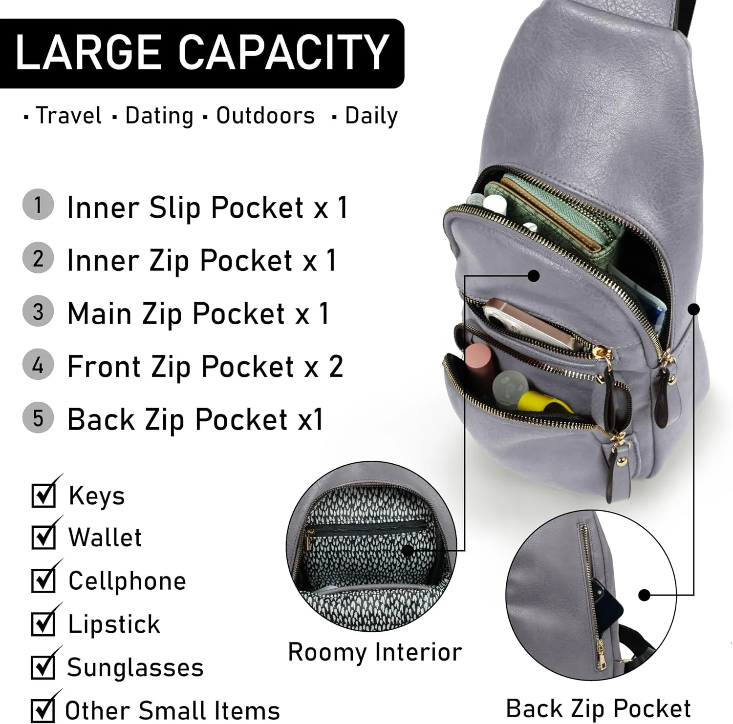 Emperia Small Sling Bag Fanny Packs Crossbody Bags Travel Backpack Chest Bag Gifts for Women Men Grey