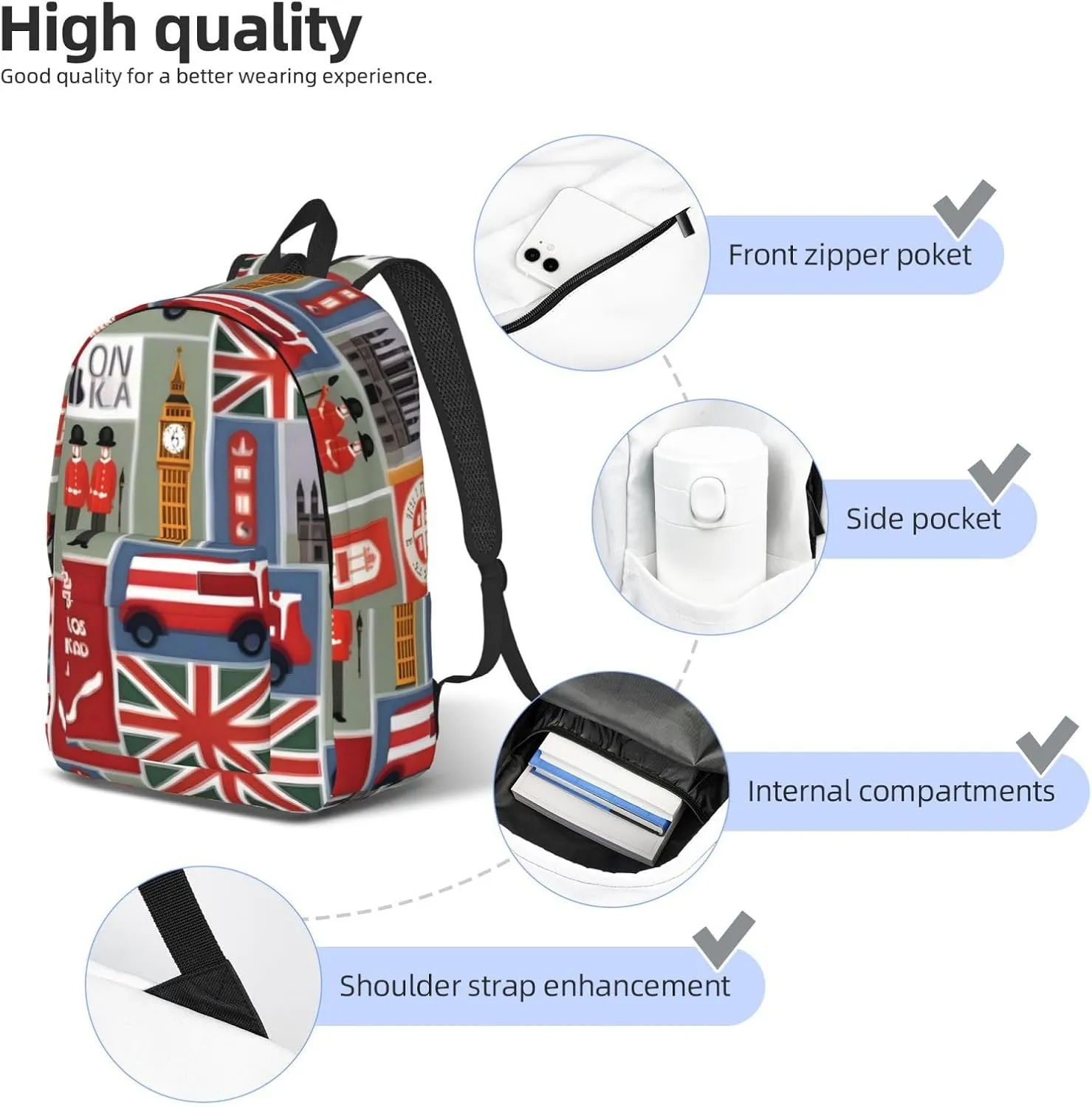 England Symbols print Canvas Backpack Travel Printed Bag Daypack Casual Rucksack 15 in Laptop Pocket