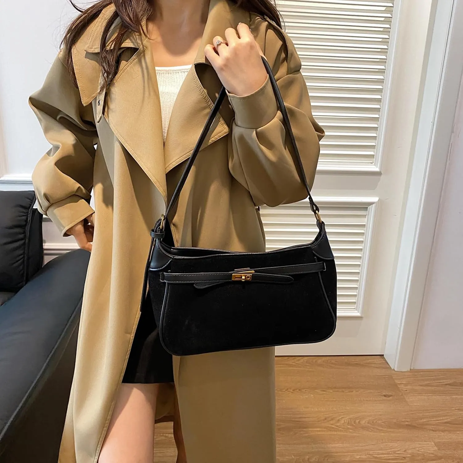 Eslcorri Women Small Shoulder Bag Faux Suede Ladies Hobo Purse Fall Elegant Everyday Handbag Cute Tote Bag Armpit Phone Purse