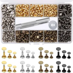 EuTengHao 484Pcs Leather Rivets Double Cap Rivet Tubular Metal Studs 3 Sizes with Punch Pliers and 3Pcs Setting Tool Kit for Leather Craft Repairs Decoration (Gold,Silver,Bronze,Gunmetal, 4 Colors)