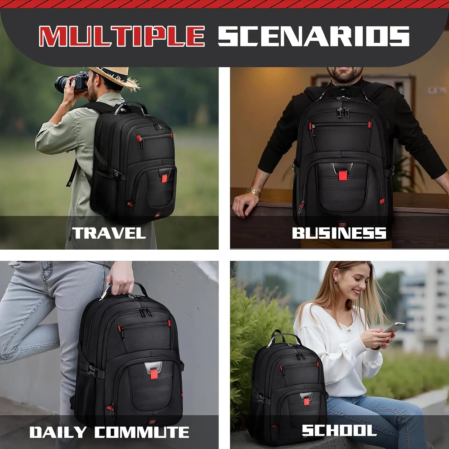 Extra Large 55L Travel Backpack, 18 inch Laptop Bag for Men, TSA Approved Heavy Duty with USB Charging Port, Anti Theft Rucksack for Business Work College, Black