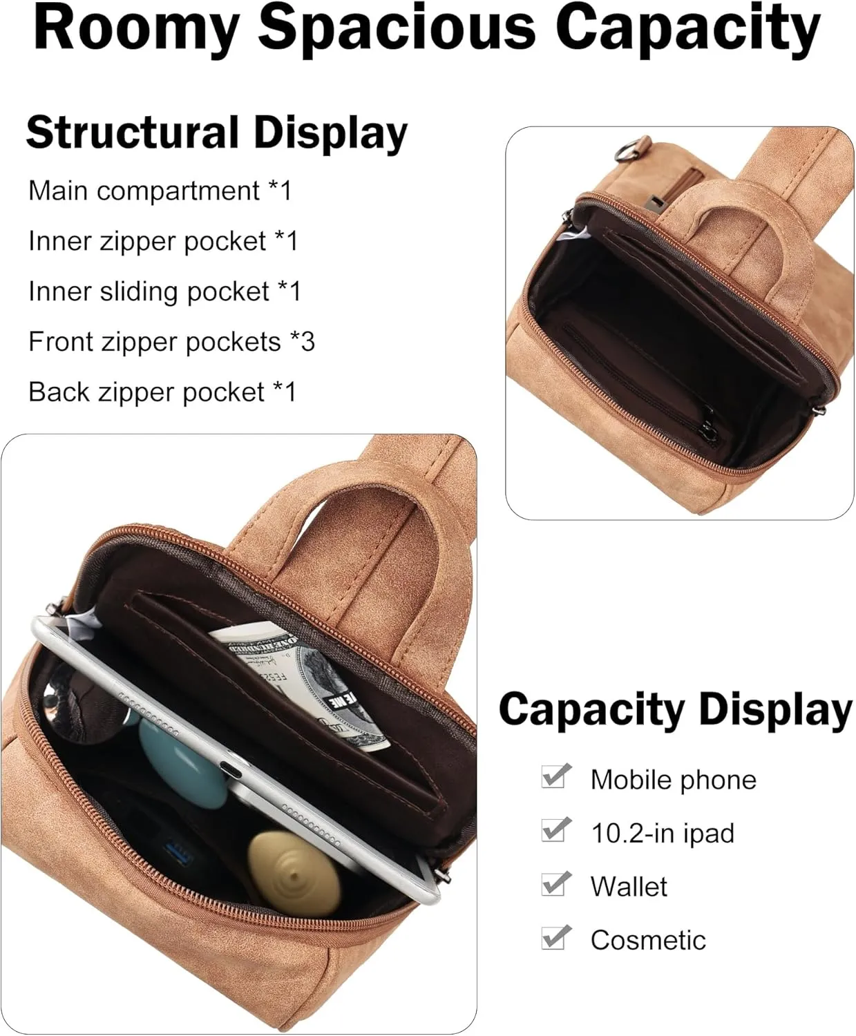 FADEON Sling Bag for Women Crossbody Purse Sling Bags, Designer Sling Purses Medium Travel Multi-Pocket Sling Backpack