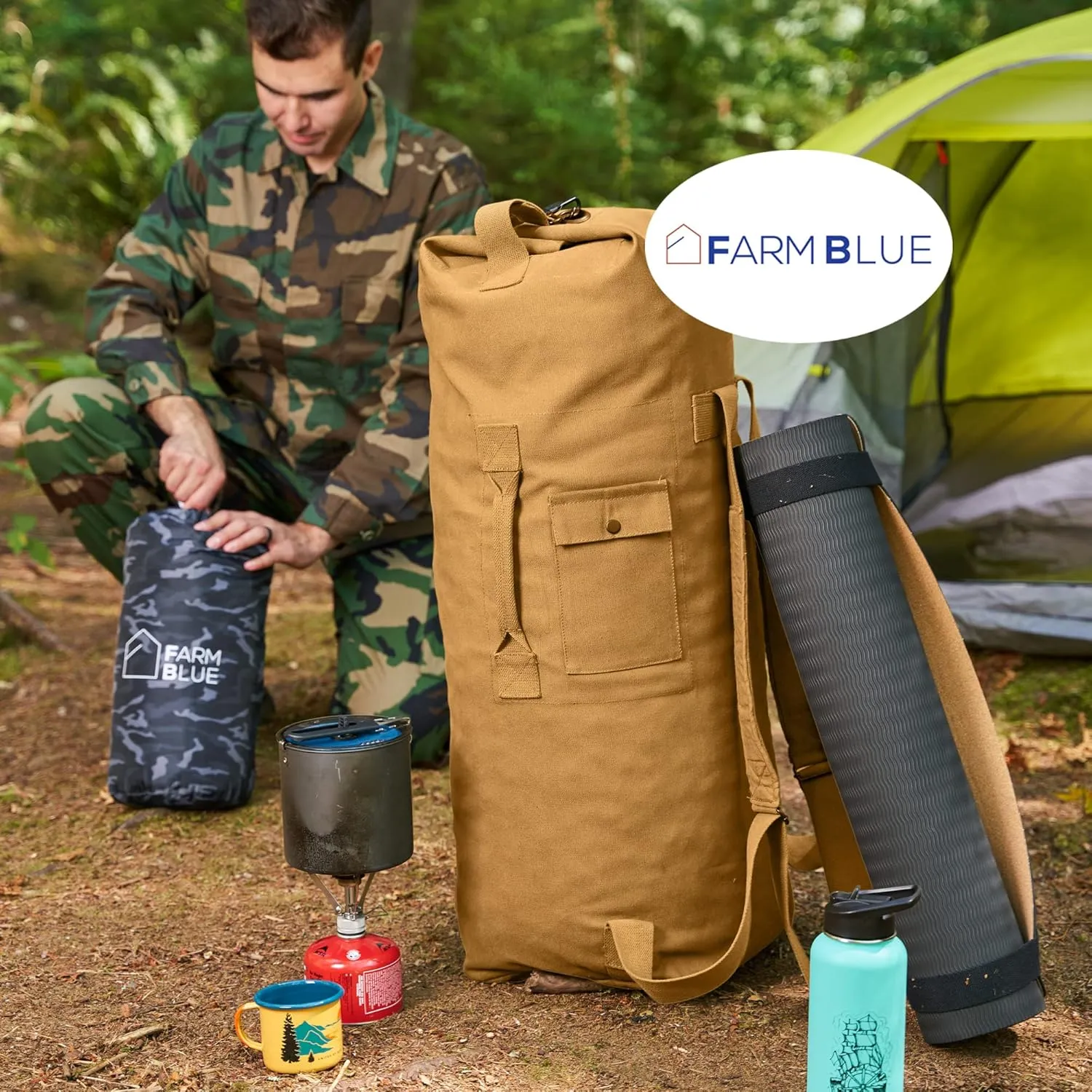 Farm Blue 2 Strap Top Load Extra Large XL Military Duffel Bags - Heavy Duty Army Grade Cotton Canvas Duffle Bags For Men, Women & Students - XL Top Loading Tactical Gear Sack –22" x 38" Coyote Tan