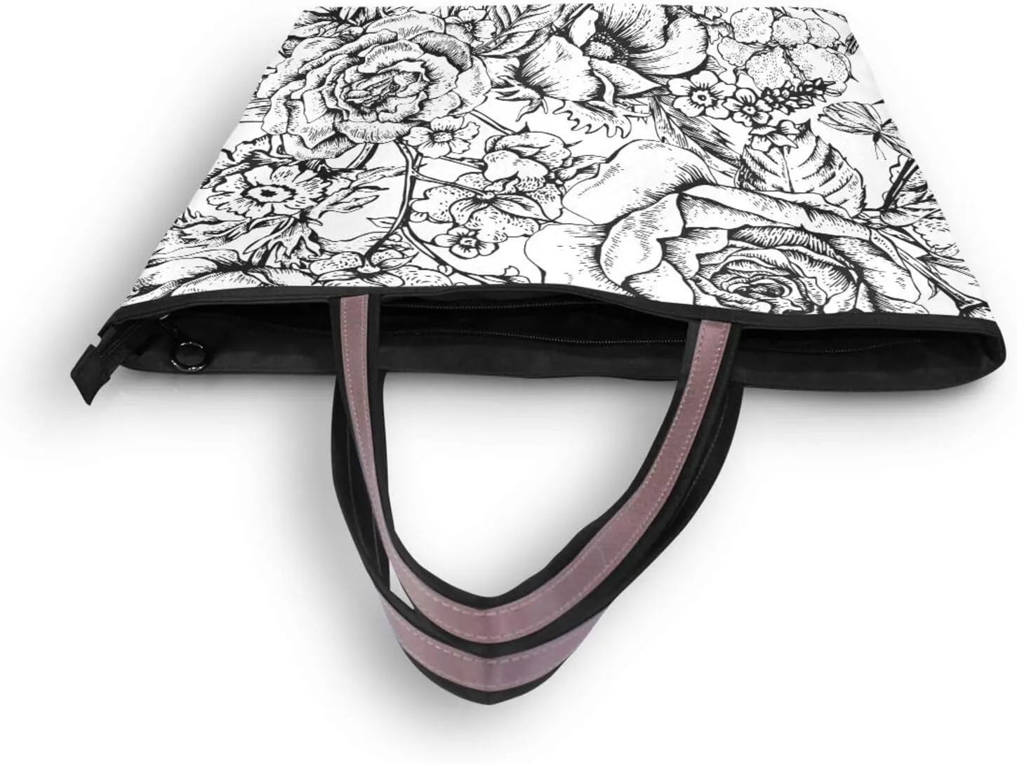 Fashion Tote Bag for Women Shoulder Handbags Top Handle Satchel Bags with Zipper Black and White Flower Pattern 1 （L）