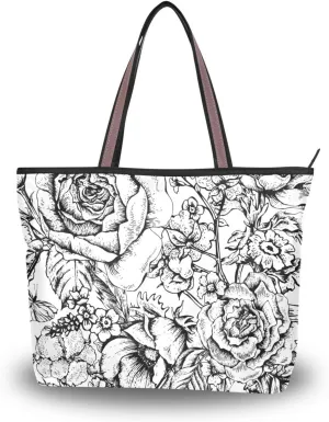 Fashion Tote Bag for Women Shoulder Handbags Top Handle Satchel Bags with Zipper Black and White Flower Pattern 1 （L）