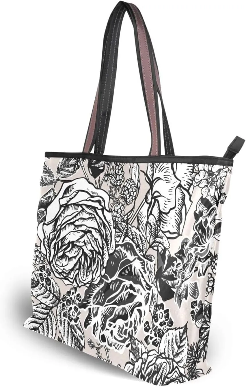 Fashion Tote Bag for Women Shoulder Handbags Top Handle Satchel Bags with Zipper Black and White Flower Pattern 1 （L）