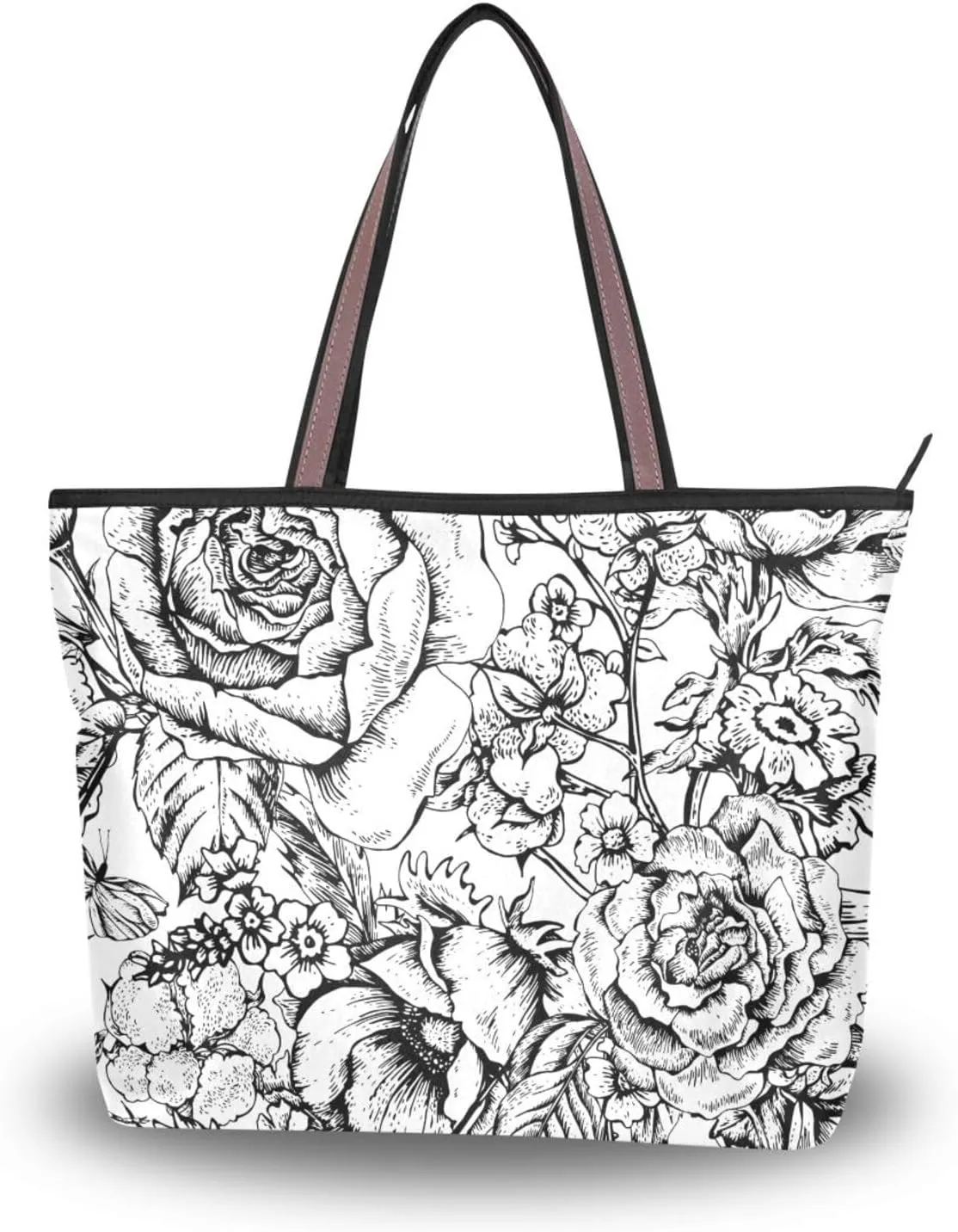 Fashion Tote Bag for Women Shoulder Handbags Top Handle Satchel Bags with Zipper Black and White Flower Pattern 1 （L）