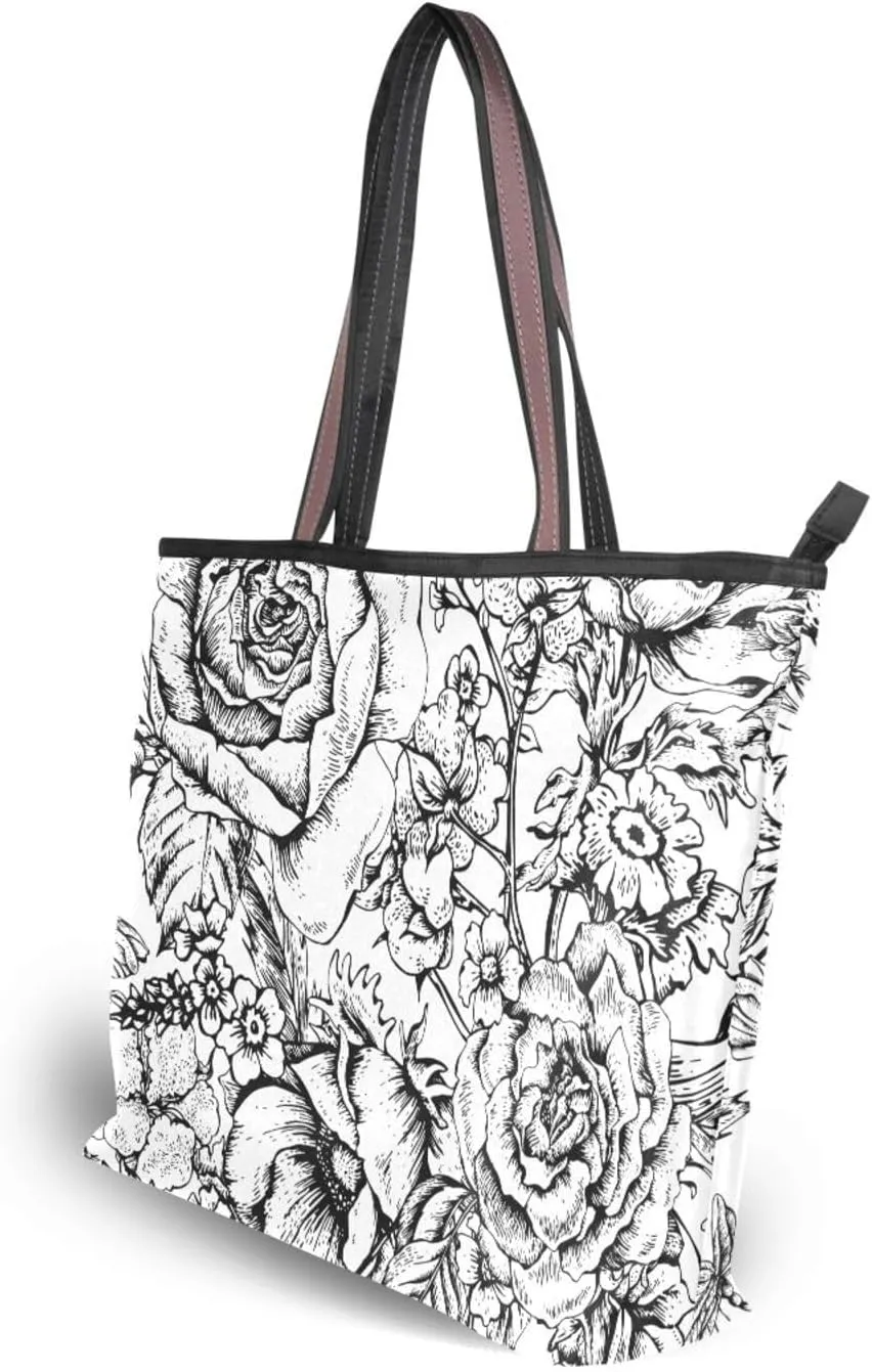 Fashion Tote Bag for Women Shoulder Handbags Top Handle Satchel Bags with Zipper Black and White Flower Pattern 1 （L）