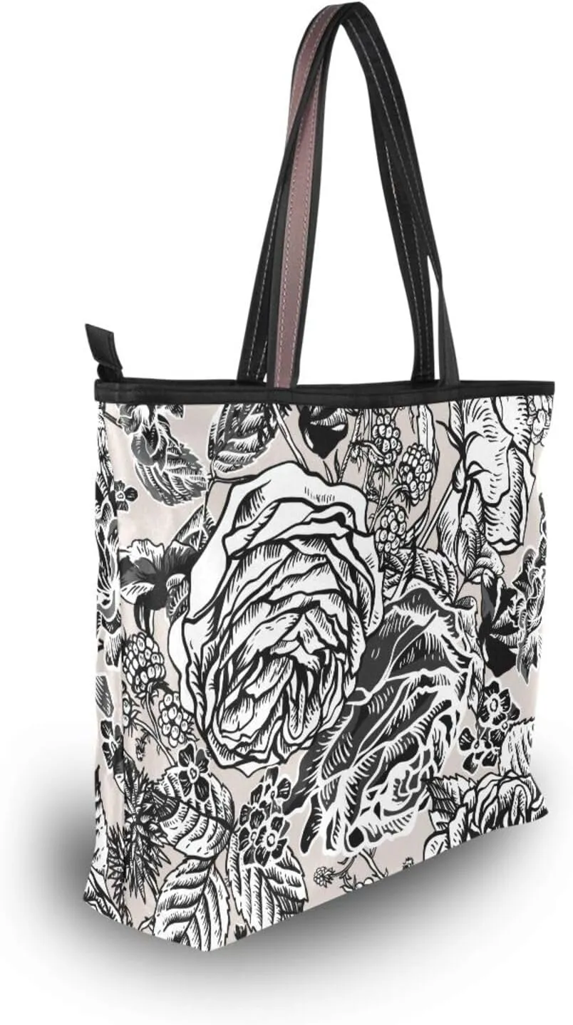 Fashion Tote Bag for Women Shoulder Handbags Top Handle Satchel Bags with Zipper Black and White Flower Pattern 1 （L）