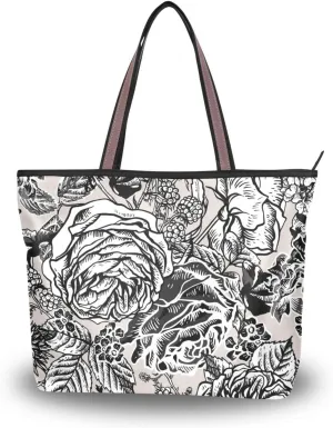 Fashion Tote Bag for Women Shoulder Handbags Top Handle Satchel Bags with Zipper Black and White Flower Pattern 1 （L）