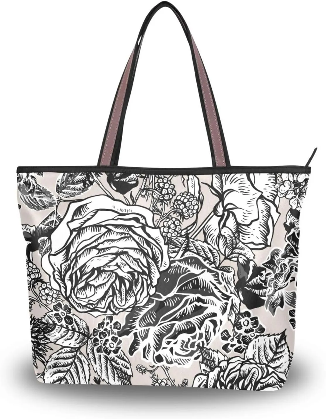Fashion Tote Bag for Women Shoulder Handbags Top Handle Satchel Bags with Zipper Black and White Flower Pattern 1 （L）