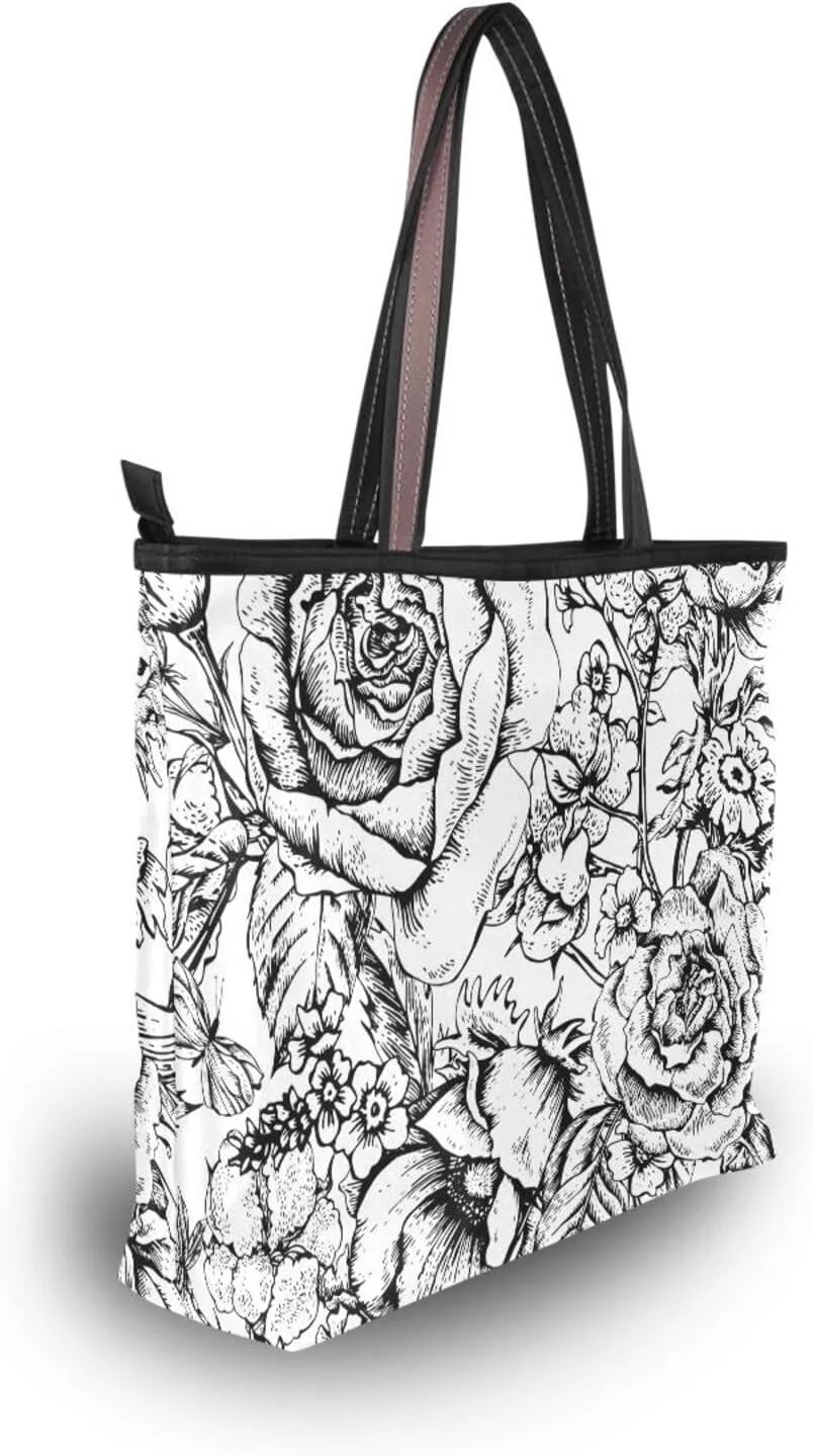 Fashion Tote Bag for Women Shoulder Handbags Top Handle Satchel Bags with Zipper Black and White Flower Pattern 1 （L）