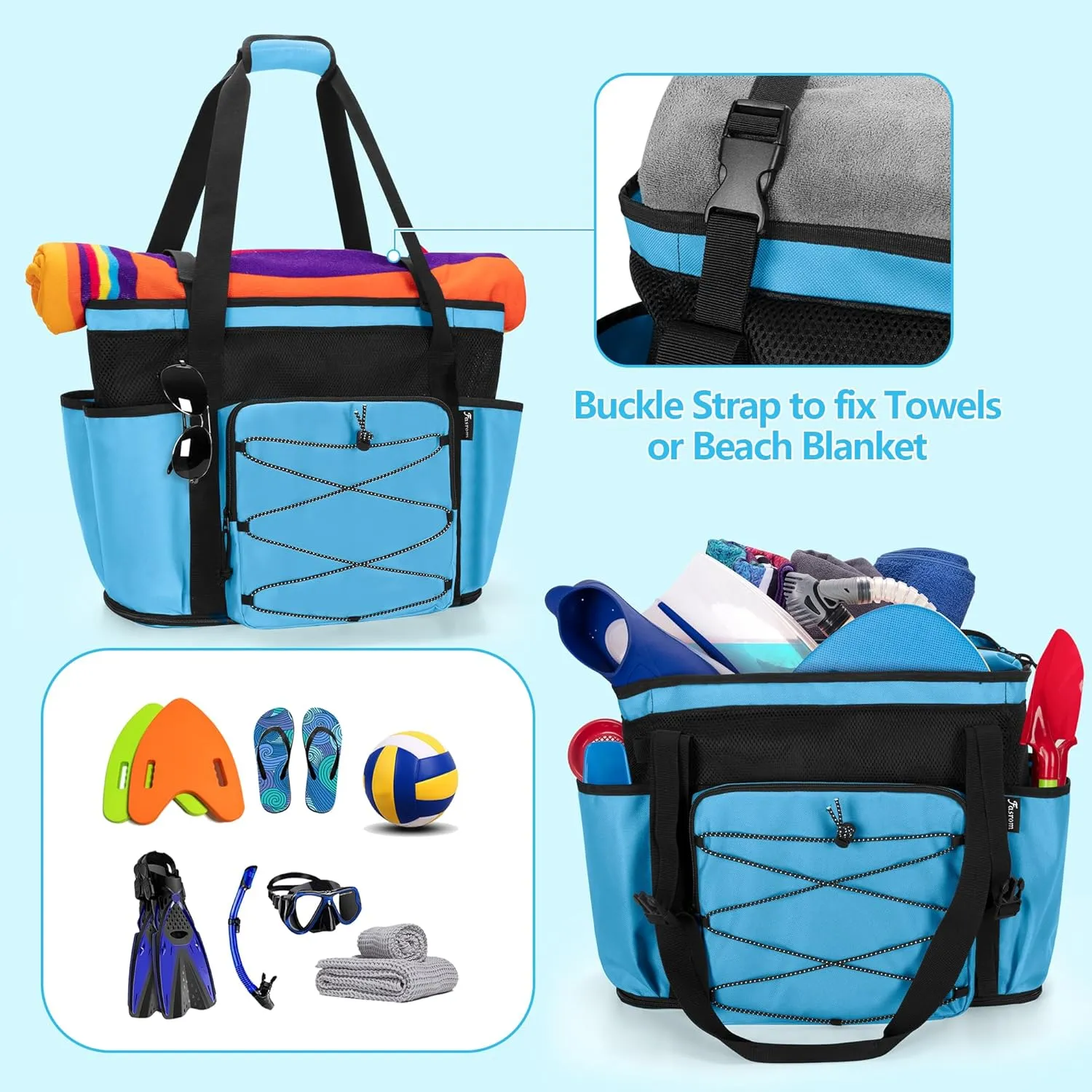 Fasrom Large Mesh Beach Bag with Zipper Bottom, Oversized Beach Bag Tote with Wet & Dry Separation for Pool or Beach Travel