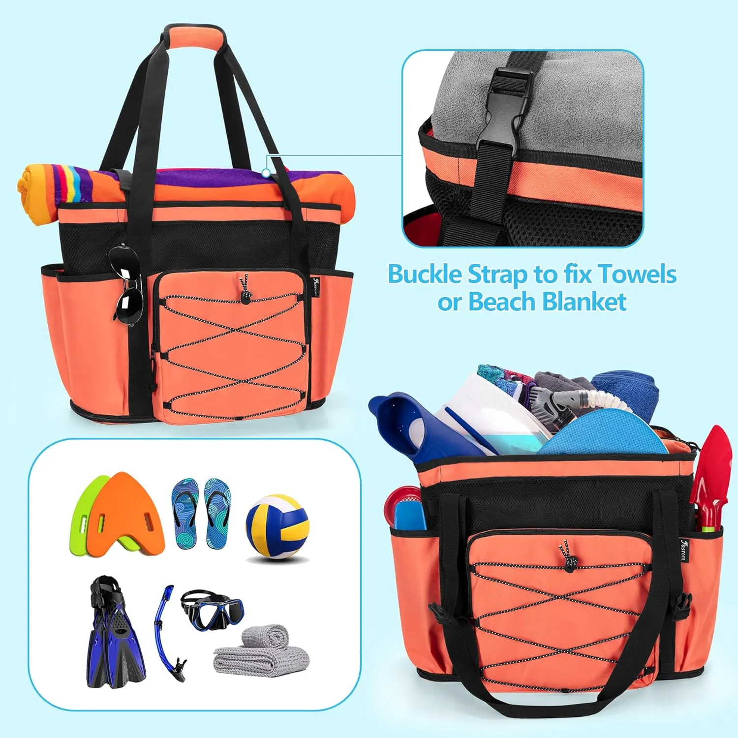Fasrom Large Mesh Beach Bag with Zipper Bottom, Oversized Beach Bag Tote with Wet & Dry Separation for Pool or Beach Travel