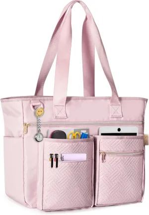 Fasrom Teacher Tote Bag for Work Women, Large Teacher Utility Bag with Padded Sleeve for up to 14 Inches Laptop and Teacher Supplies, Pink (Patent Design)