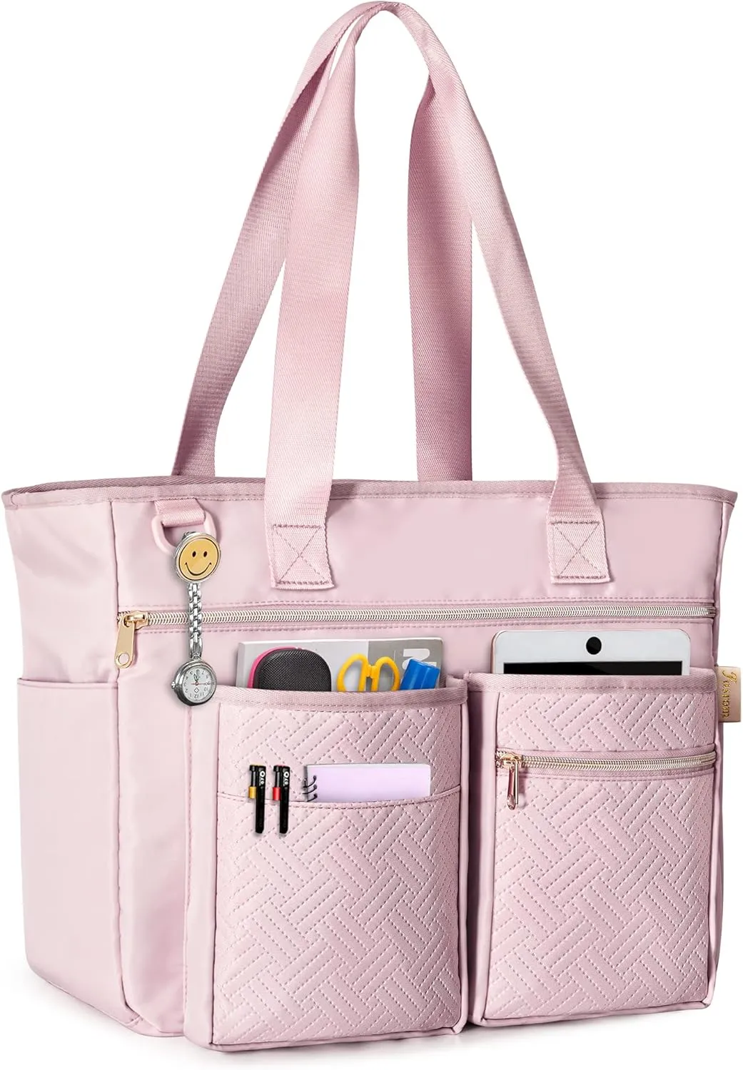 Fasrom Teacher Tote Bag for Work Women, Large Teacher Utility Bag with Padded Sleeve for up to 14 Inches Laptop and Teacher Supplies, Pink (Patent Design)