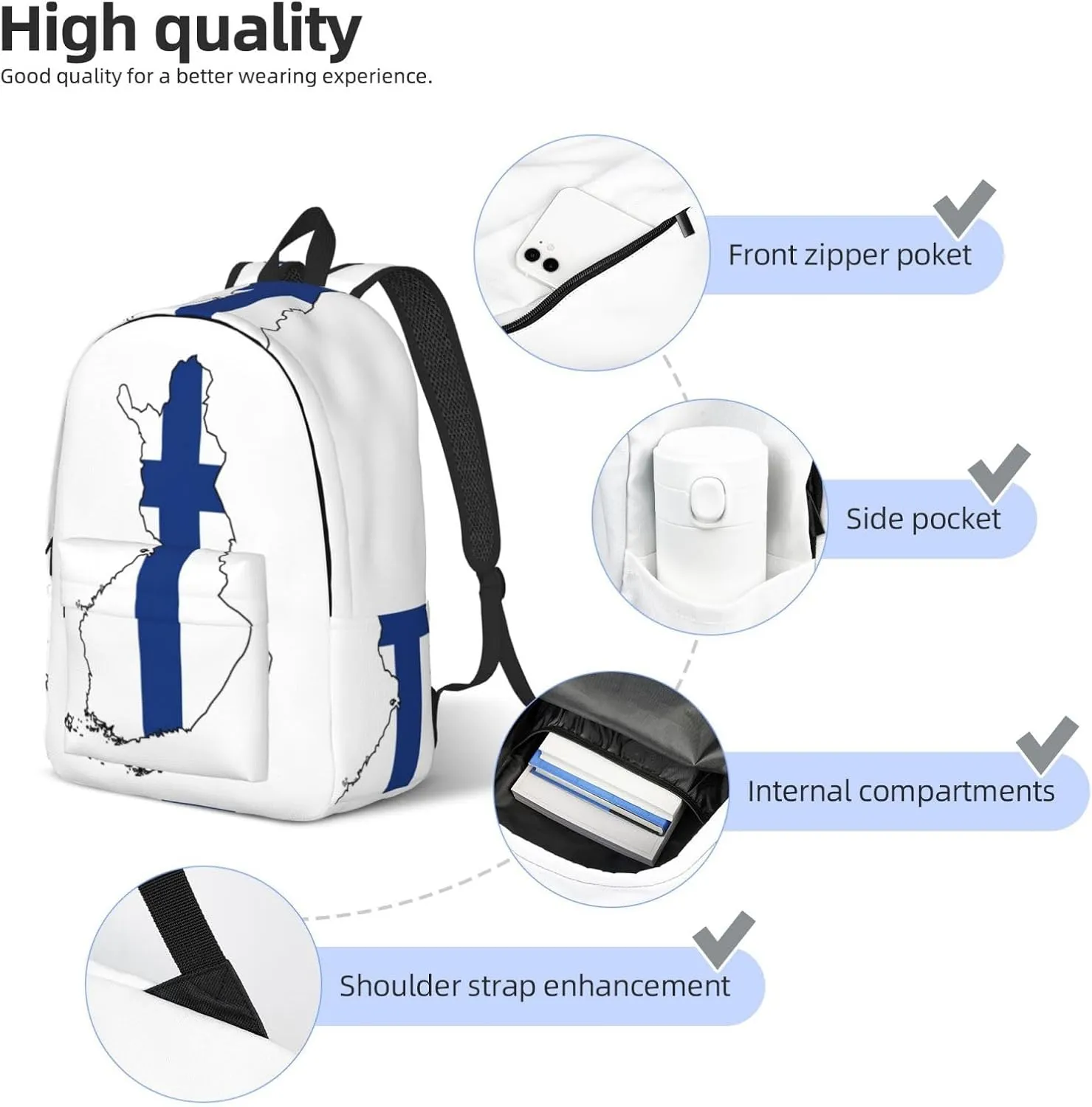 Finnish Flag Map print Hiking Backpack Casual Daypack Outdoor Travel Backpacks Bookbag for Men Women Adult