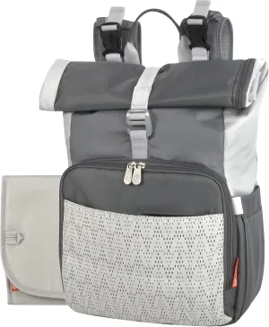 Fisher-Price Multi-Pocket (13) Grey Roll Top Diaper Bag Backpack with Portable Changing Pad, Stroller Straps, Wipes, Bottle, Tablet Pockets